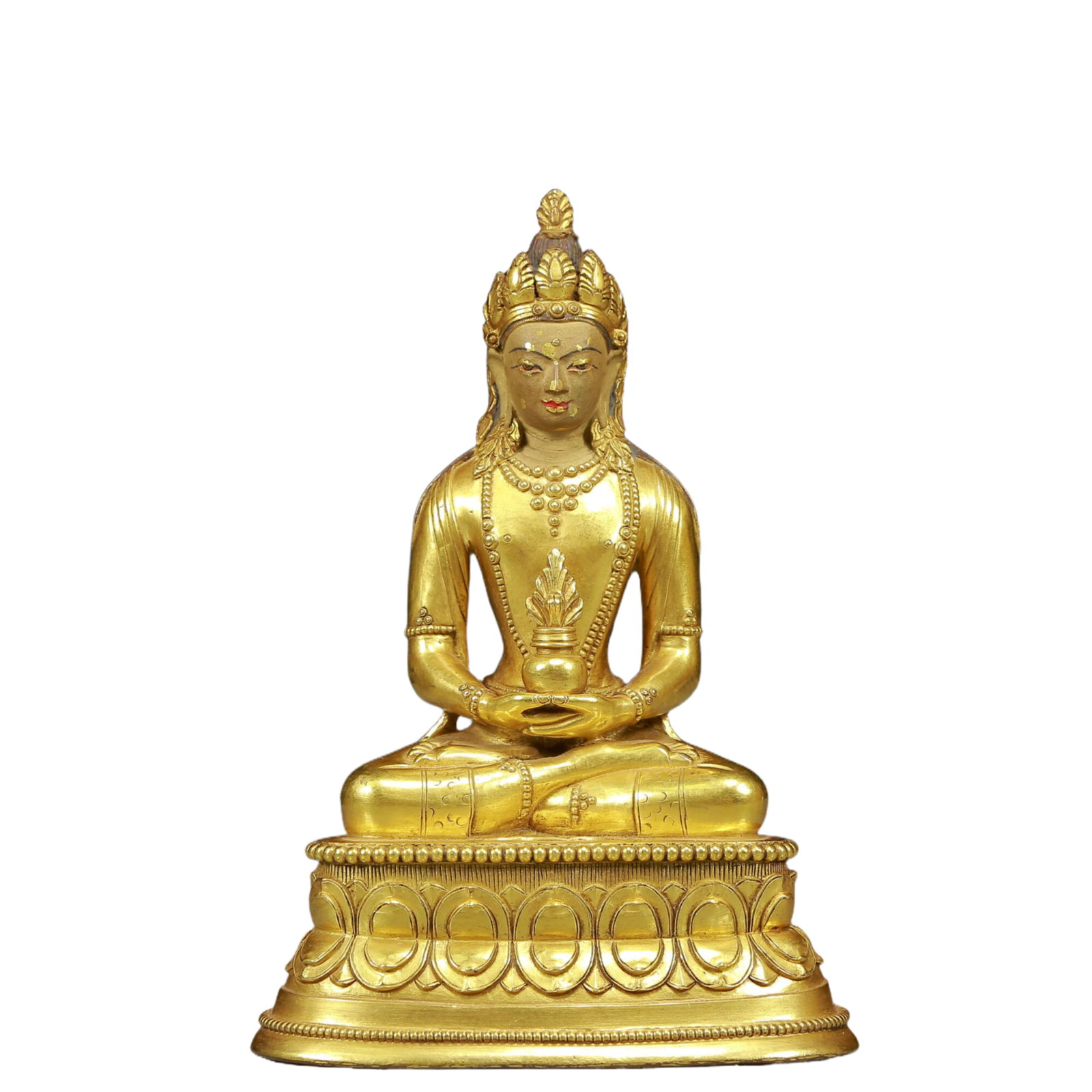 A Solemn Gilt Bronze Statue of Amitayus: A Solemn Gilt Bronze Statue of Amitayus,Ming Dynasty, China,Size:5.5inx3.9inx8.3in,Weight:1945g 铜鎏金无量寿佛像，明代