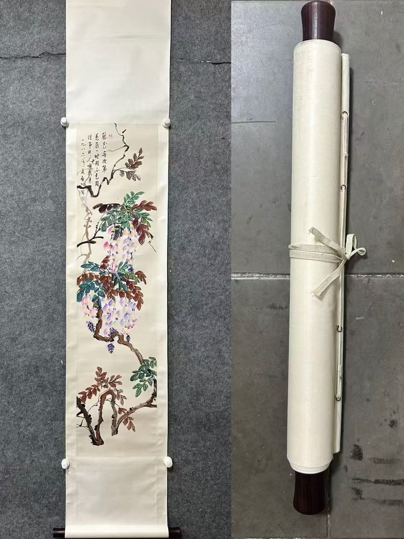 A Chinese Vertical Scroll Ink Painting of Flower on Paper: A Chinese Vertical Scroll Ink Painting of Flower on Paper,Qi Gong,Size:53.5inx13in 一幅中国水墨花卉画立轴,启功