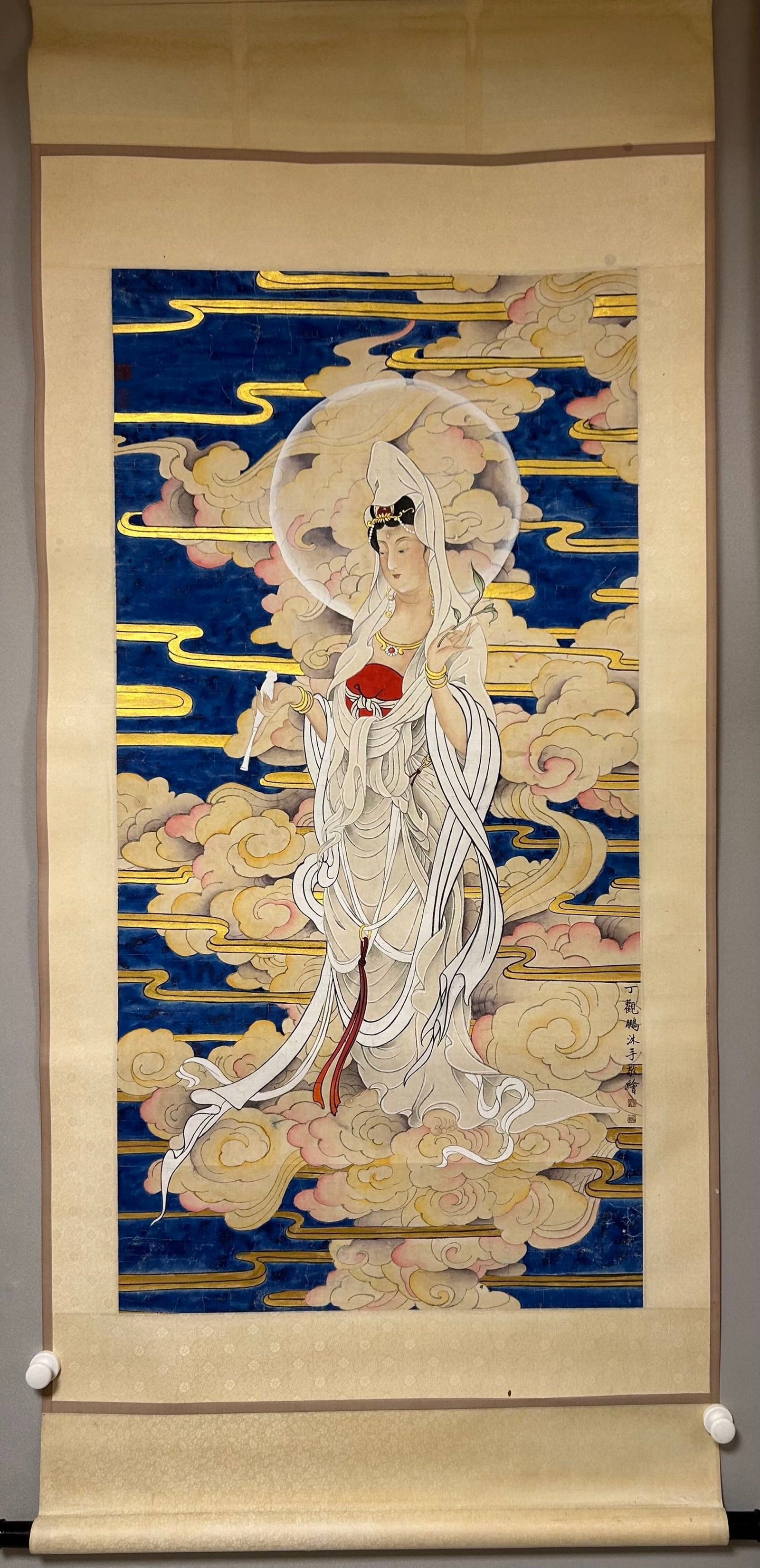 A Chinese Vertical Scroll Ink Statue of Avalokitesvara on Paper: A Chinese Vertical Scroll Ink Statue of Avalokitesvara on Paper,Ding Guanpeng,Size:53.5inx26.8in 一幅中国水墨观音像立轴,丁ෆ