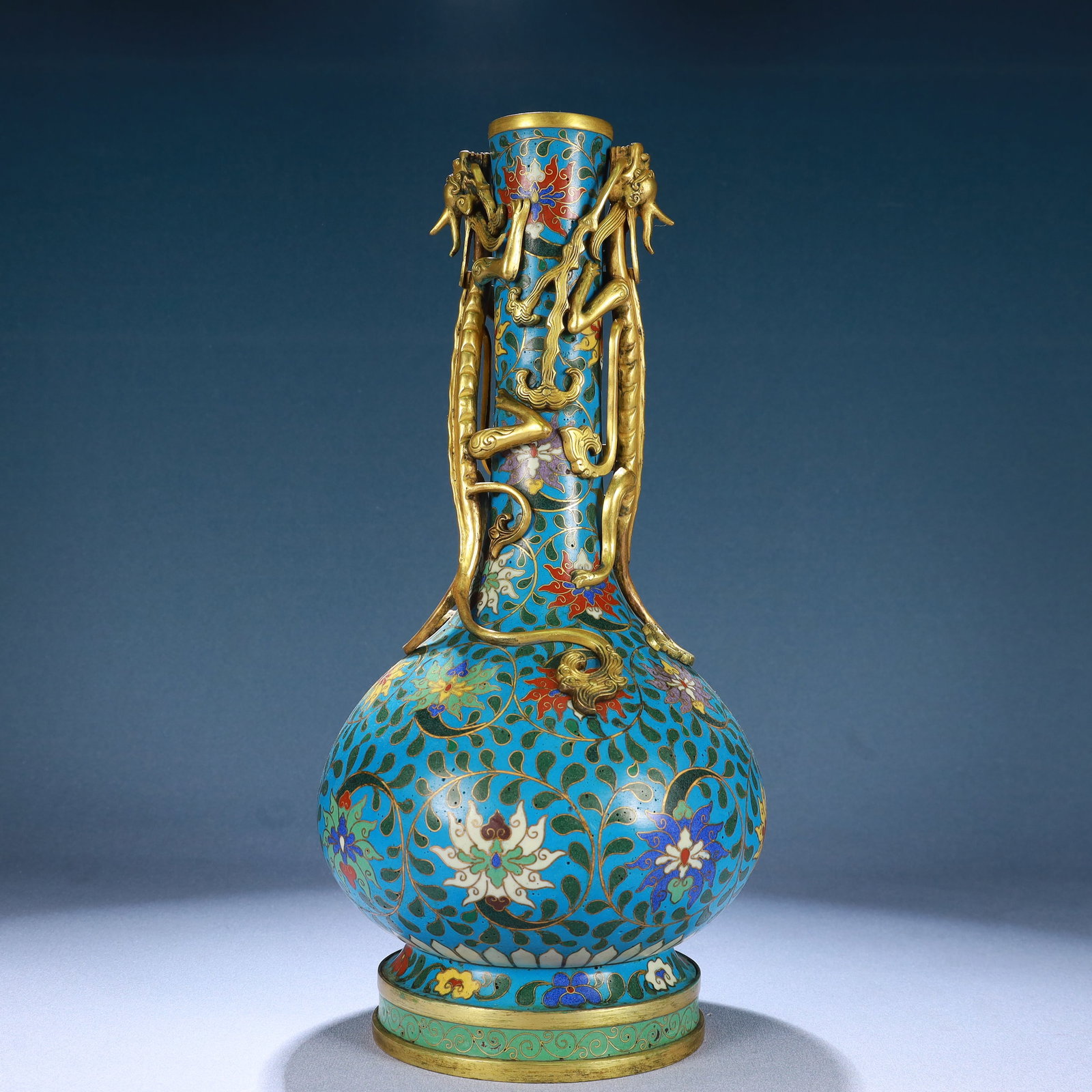 A Rare Cloisonne Lotus Pattern Dragon-Ears Vase: A Rare Cloisonne Lotus Pattern Dragon-Ears Vase,Ming Dynasty, China,Jingtai Six-character Mark,Size:14.8inx6.9inx3.7in,Weight:2300g