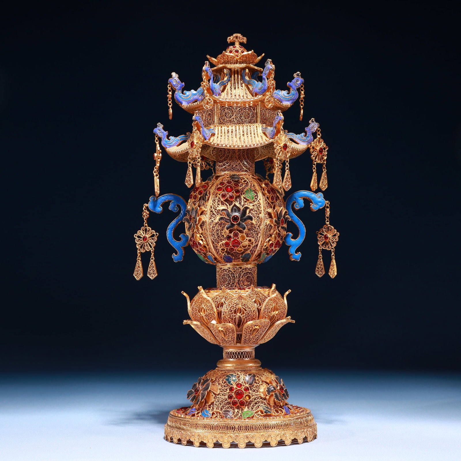An Exquisite Filigree and Gilding Lotus Pattern Double-Ears Ornament,Inlaid Gems: An Exquisite Filigree and Gilding Lotus Pattern Double-Ears Ornament,Inlaid Gems,Qing Dynasty,China,Qianlong Four-character Mark,Size:5.9inx12.6in,Weight:1050g