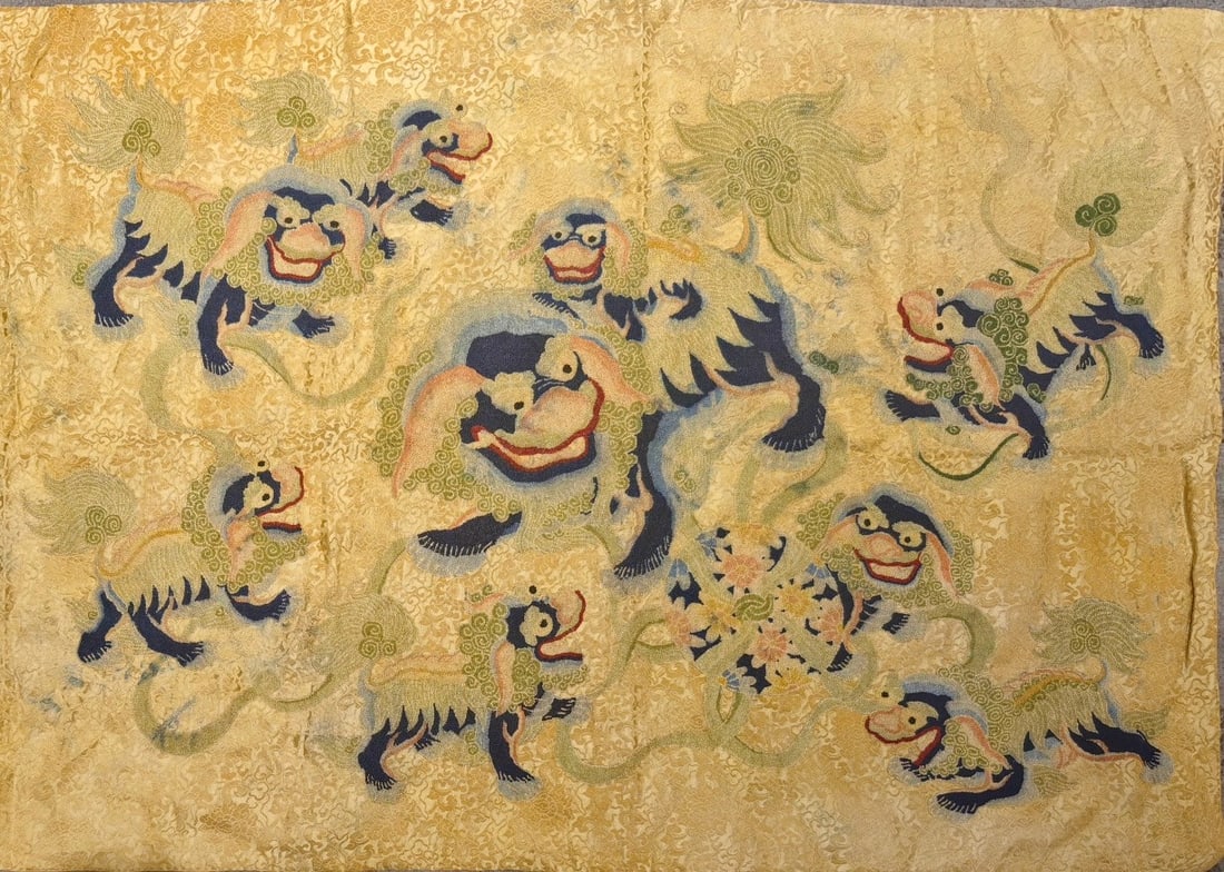 Embroidery of Nine Lions with Seeds: Nine Lions Embroidered with Seeds in Qing Dynasty. Size: 37in×25.2in. crafting skills. The entire work exhibits meticulous embroidery craftsmanship, distinguished by unique details and colours. O