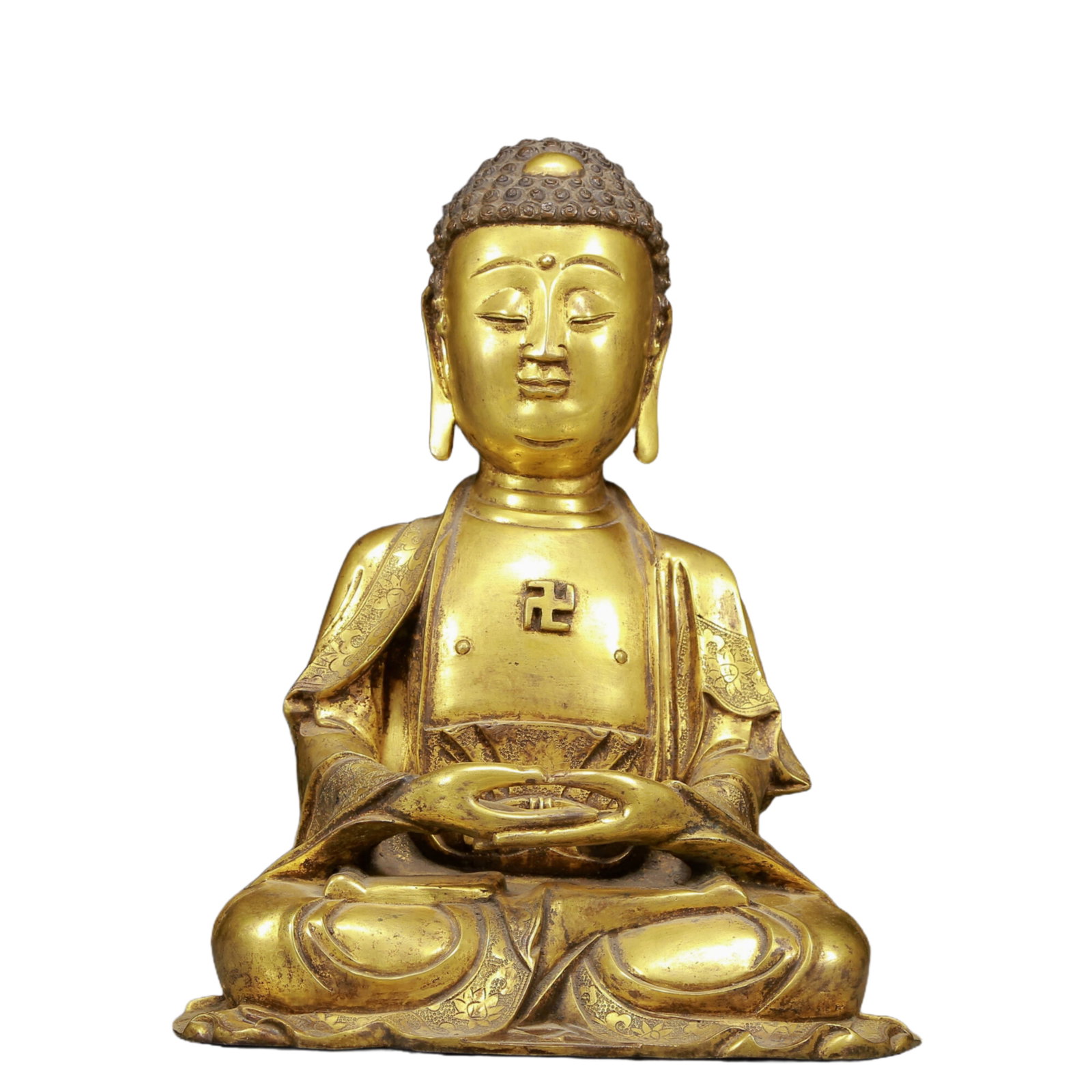 A Solemn Gilt Bronze Statue of Sakyamuni: A Solemn Gilt Bronze Statue of Sakyamuni,Ming Dynasty, China,Xuande Six-character Mark,Size:9.8inx6.3inx12.6in,Weight:6990g