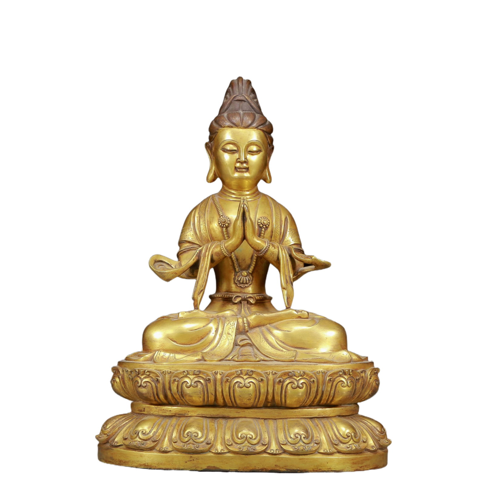 A Solemn Gilt Bronze Statue of Avalokitesvara: A Solemn Gilt Bronze Statue of Avalokitesvara,Ming Dynasty, China,Size:9.8inx6.3inx13.8in,Weight:7405g 铜鎏金观音像，明代