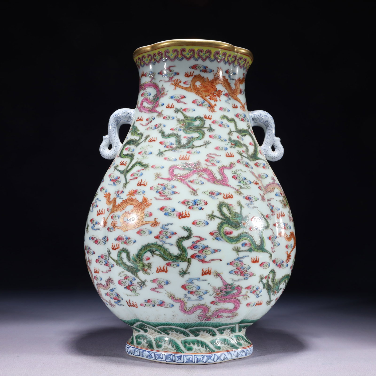 An Exquisite Famille-Rose Painted Gold Auspicious Cloud and Dragon Pattern Elephant-Ears Vase: An Exquisite Famille-Rose Painted Gold Auspicious Cloud and Dragon Pattern Elephant-Ears Vase 粉彩描金祥云龙纹象耳瓶,中国&