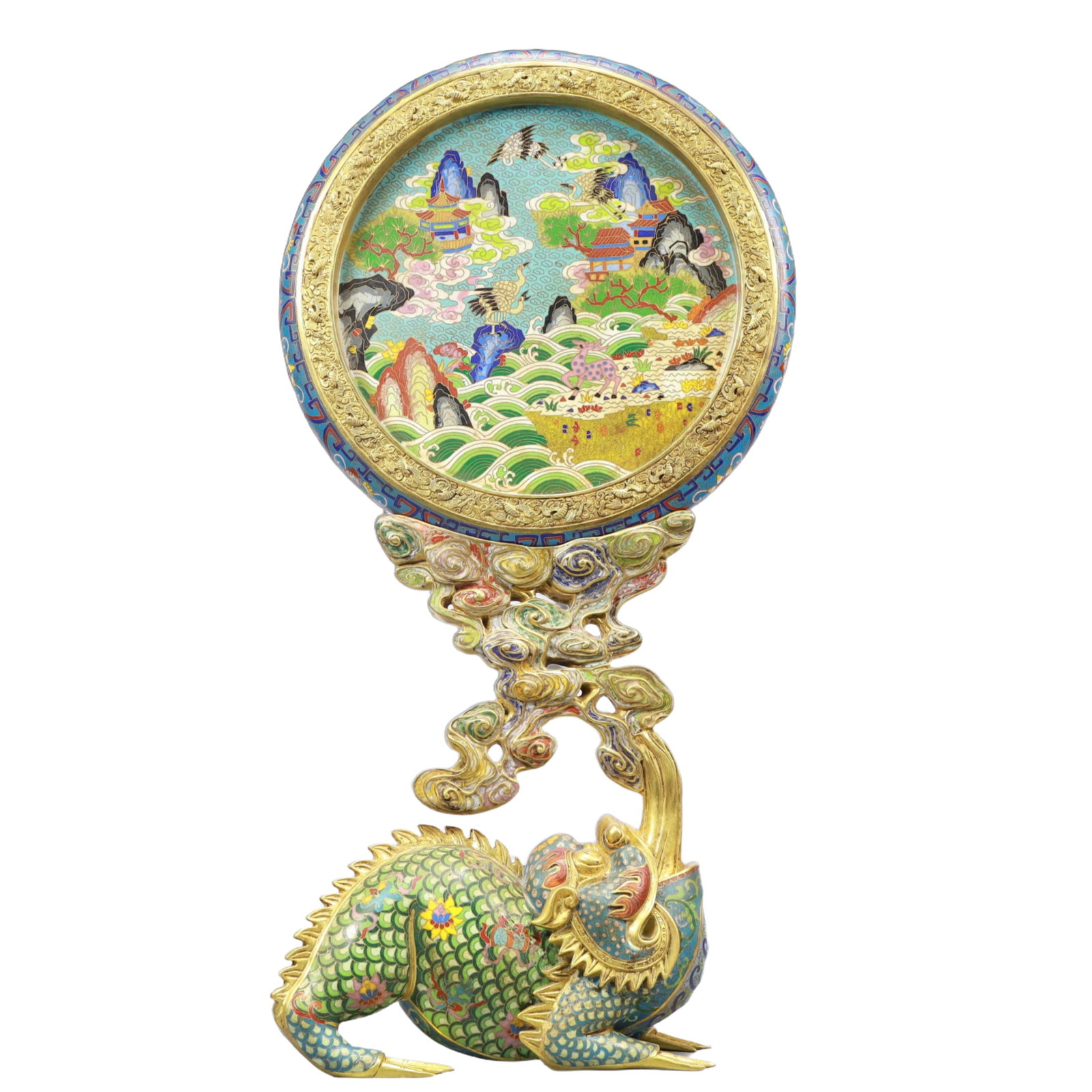 A Monumental Cloisonne Landscape and Animal Pattern Table Screen: A Monumental Cloisonne Landscape and Animal Pattern Table Screen,Qing Dynasty, China,Qianlong Four-character Mark,Size:12.2inx4.3inx24in Weight:11250g 景泰蓝山水动&