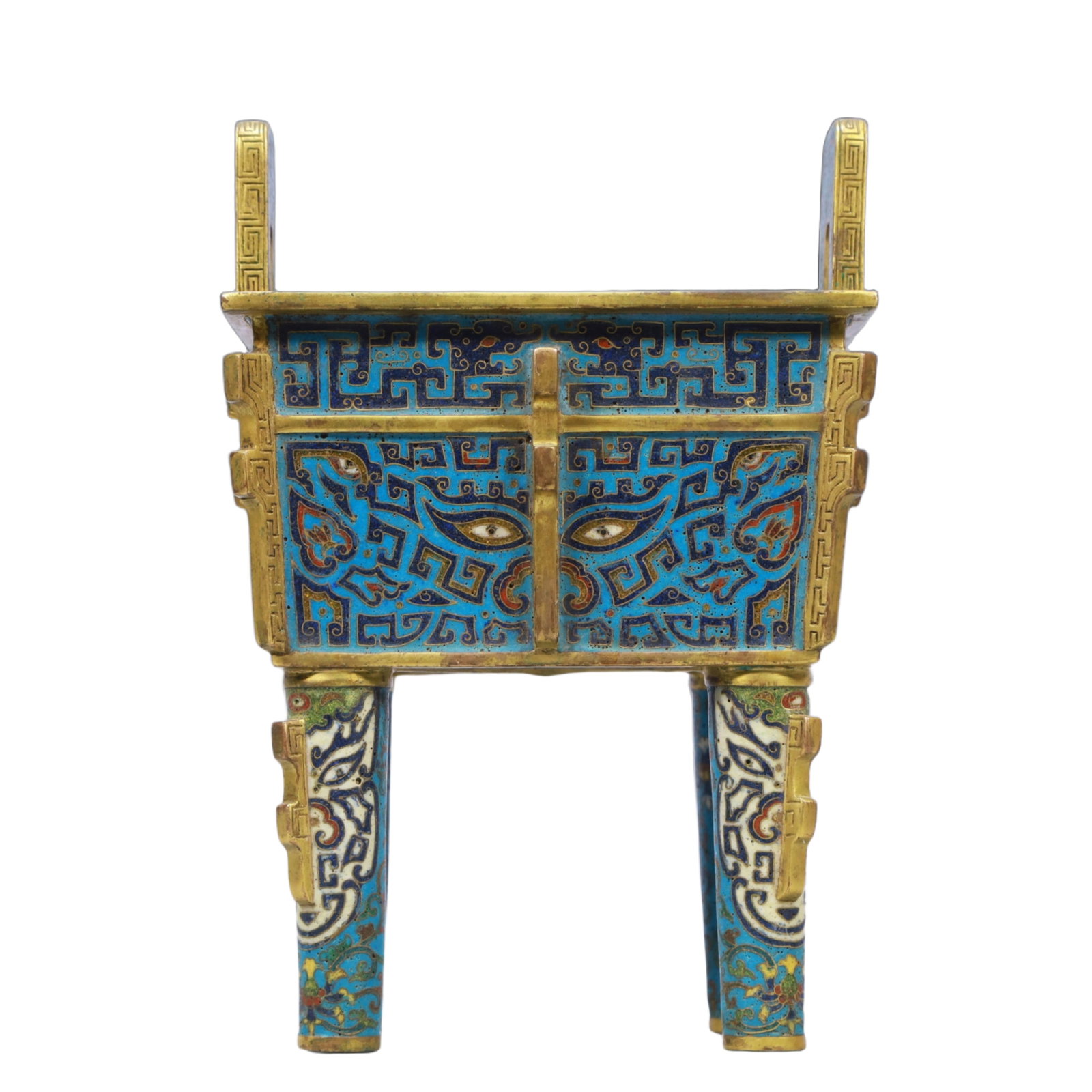 An Exquisite Cloisonne Beast-Face Pattern Double-Ears Censer: An Exquisite Cloisonne Beast-Face Pattern Double-Ears Censer,Qing Dynasty, China,Size:5.9inx4.3inx8.9in,Weight:1900g 景泰蓝兽面纹双耳香炉,&#