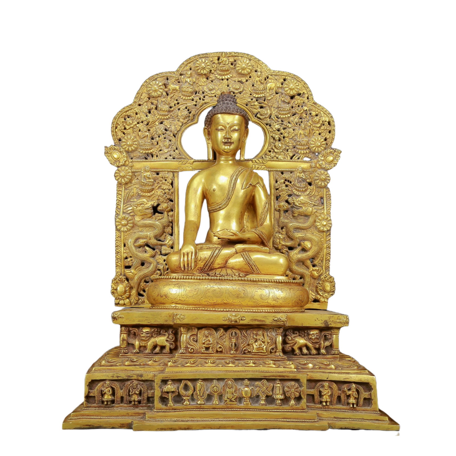 A Solemn Gilt Bronze Statue of Sakyamuni: A Solemn Gilt Bronze Statue of Sakyamuni,Ming Dynasty, China,With Inscription,Size:15.4inx11.4inx20.1in,Weight:22910g 铜鎏金释迦摩尼像，明&#
