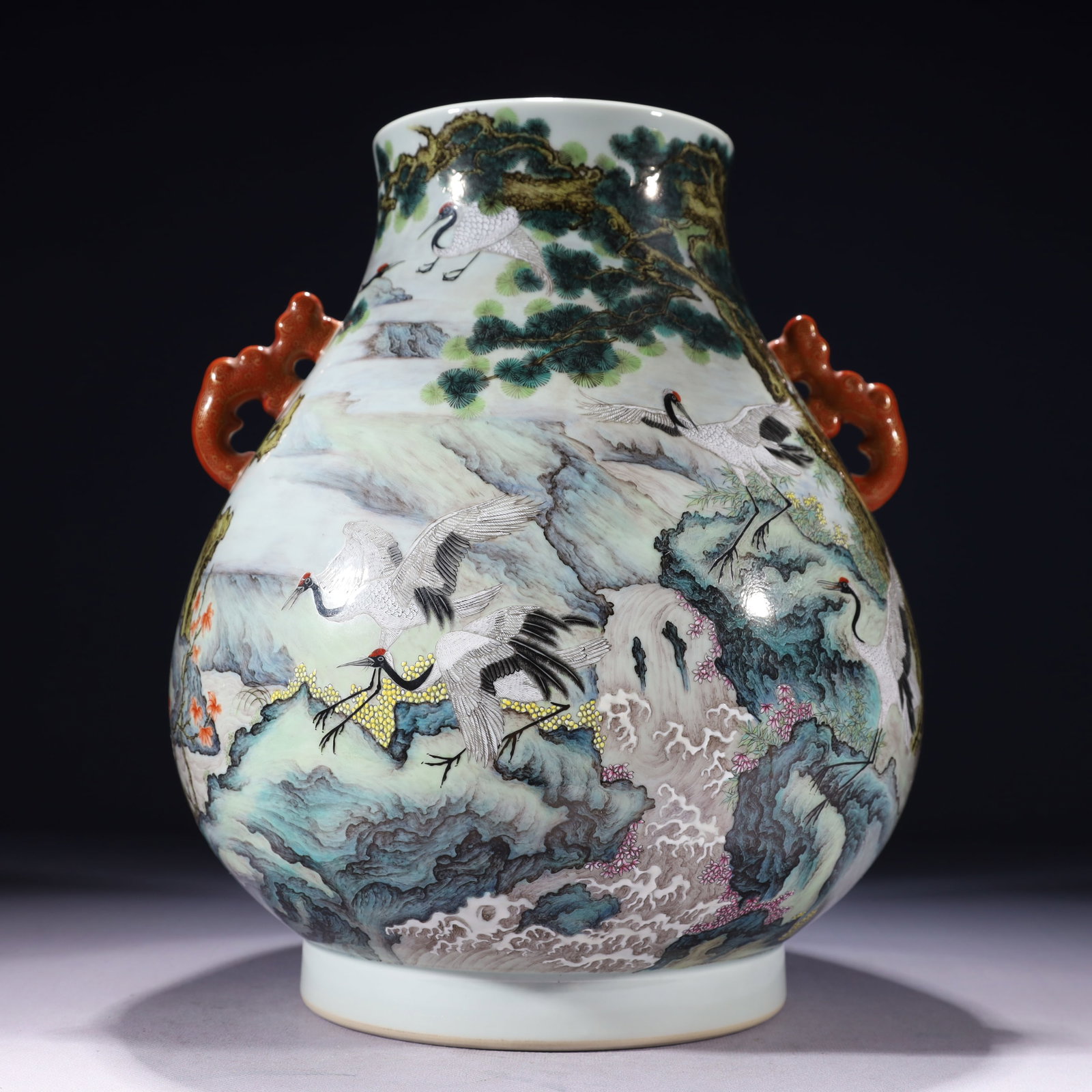 An Exquisite Enamel Pine and Crane Pattern Double-Ears Vase,with poem: An Exquisite Enamel Pine and Crane Pattern Double-Ears Vase,with poem,Qing Dynasty,China,Qianlong Six-character Mark,Size:9.8inx13.4in,Weight:5000g 珐琅彩松鹤纹