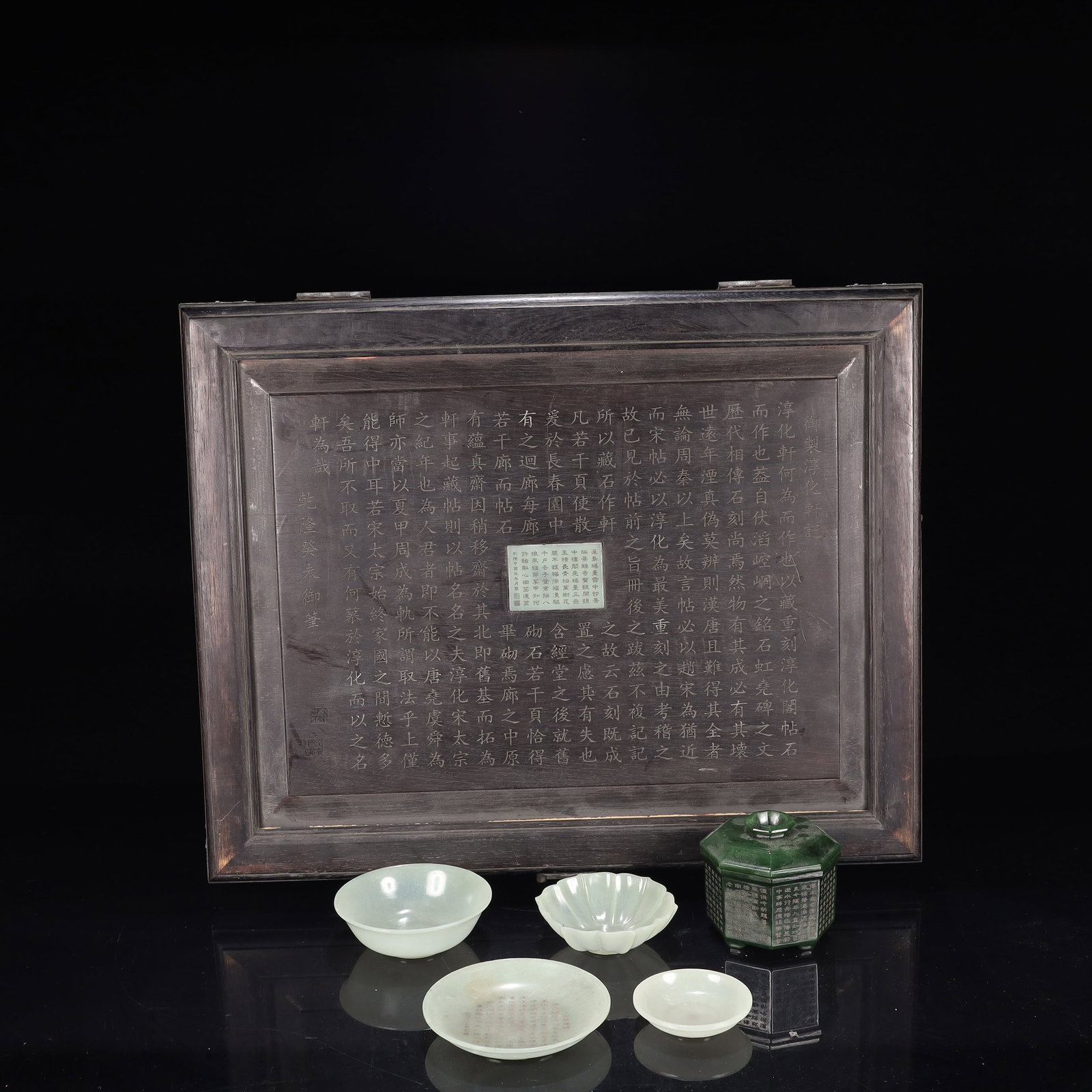 A Set of Fine White Jade Ornaments,With Poem: A Set of Fine White Jade Ornaments,With Poem,Qing Dynasty, China,Qianlong Four-character Mark,Size:(Jasper)3.5inx3.1in,(Bowl)4.1inx1.4in,3.9inx1.2in,(Plate)4.3inx0.8in,2.8inx0.8in,(Box)19.7inx15.7inx6