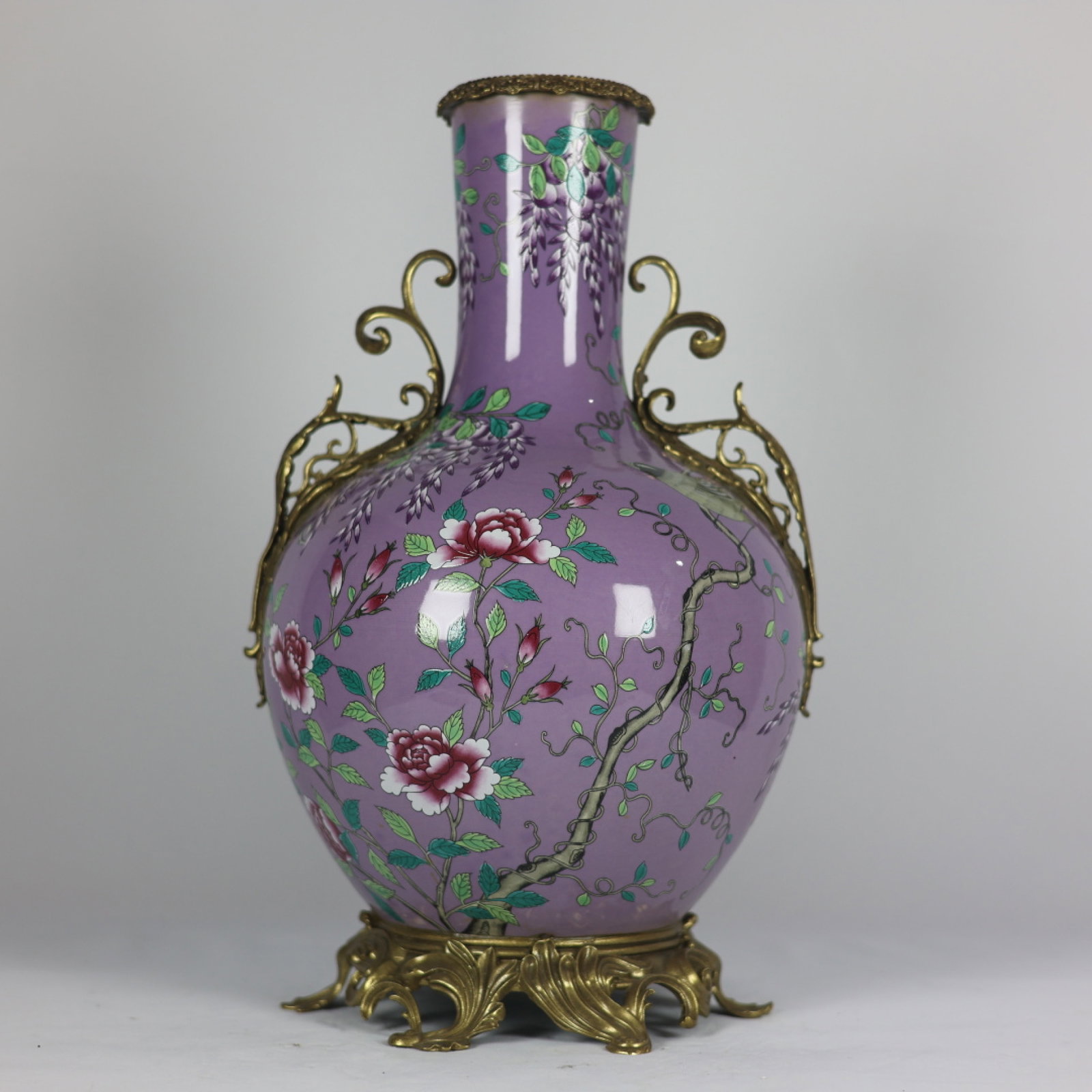 A Huge Famille-Rose Inlaid Bronze Flower and Bird Pattern Double-Ears Vase: A Huge Famille-Rose Inlaid Bronze Flower and Bird Pattern Double-Ears Vase,Qing Dynasty,China,Qianlong Six-character Mark,Size:17.7inx10.6in 粉彩镶铜花鸟纹