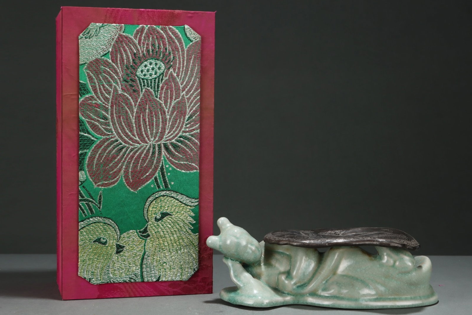 An Exquisite Ru yao Celadon Glazed Cover with Silver Flower and Bird Pattern Pillow: An Exquisite Ru yao Celadon Glazed Cover with Silver Flower and Bird Pattern Pillow,Song Dynasty,China,Size:3.5inx11.2in 汝窑青釉包银花鸟纹枕