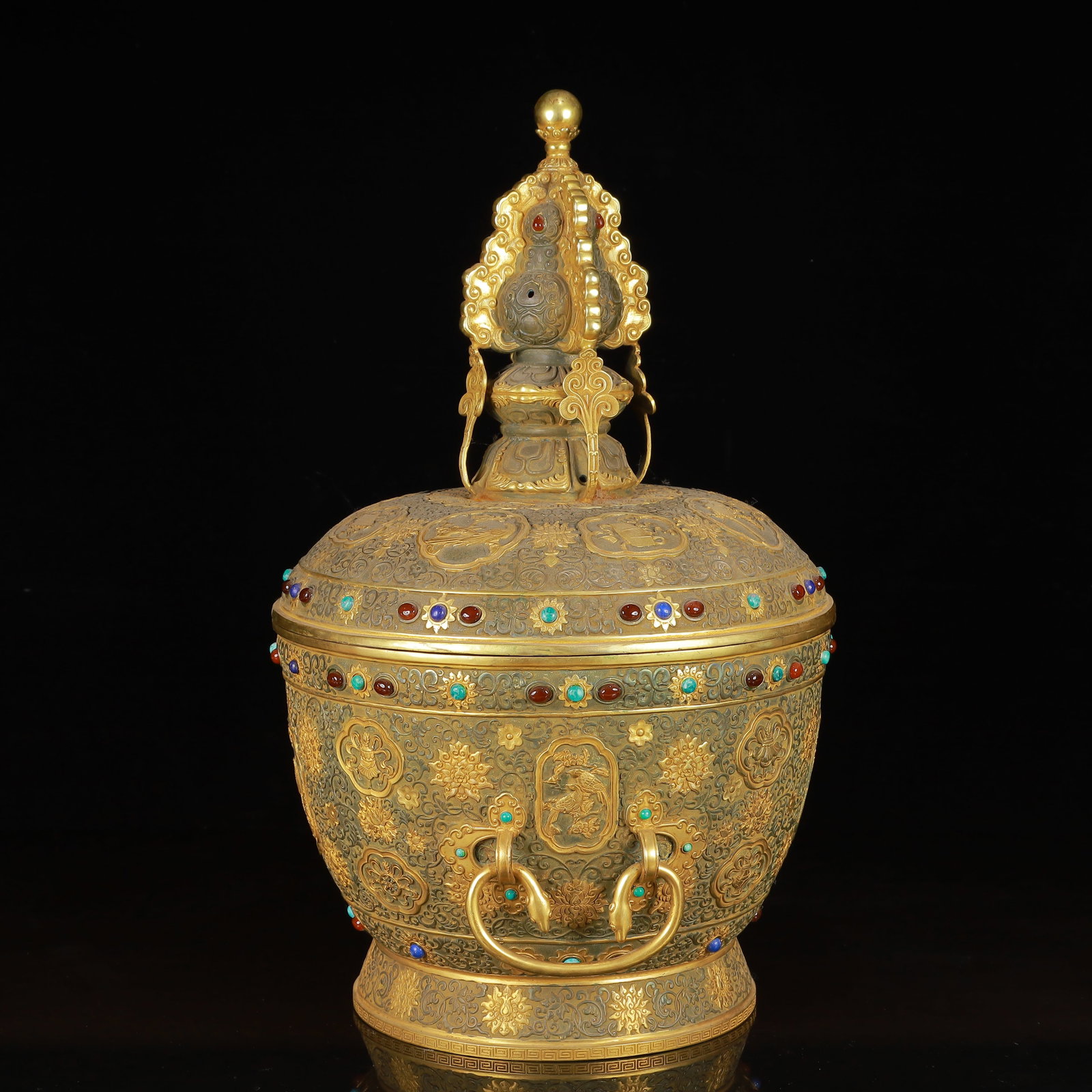 An Exquisite Gilt Silver Flower and Bird Pattern Double-Ears Cover Jar: An Exquisite Gilt Silver Flower and Bird Pattern Double-Ears Cover Jar,Qing Dynasty,China,Qianlong Four-Character Mark,Size:17.7inx11in,Weight:8750g 银鎏金花鸟纹