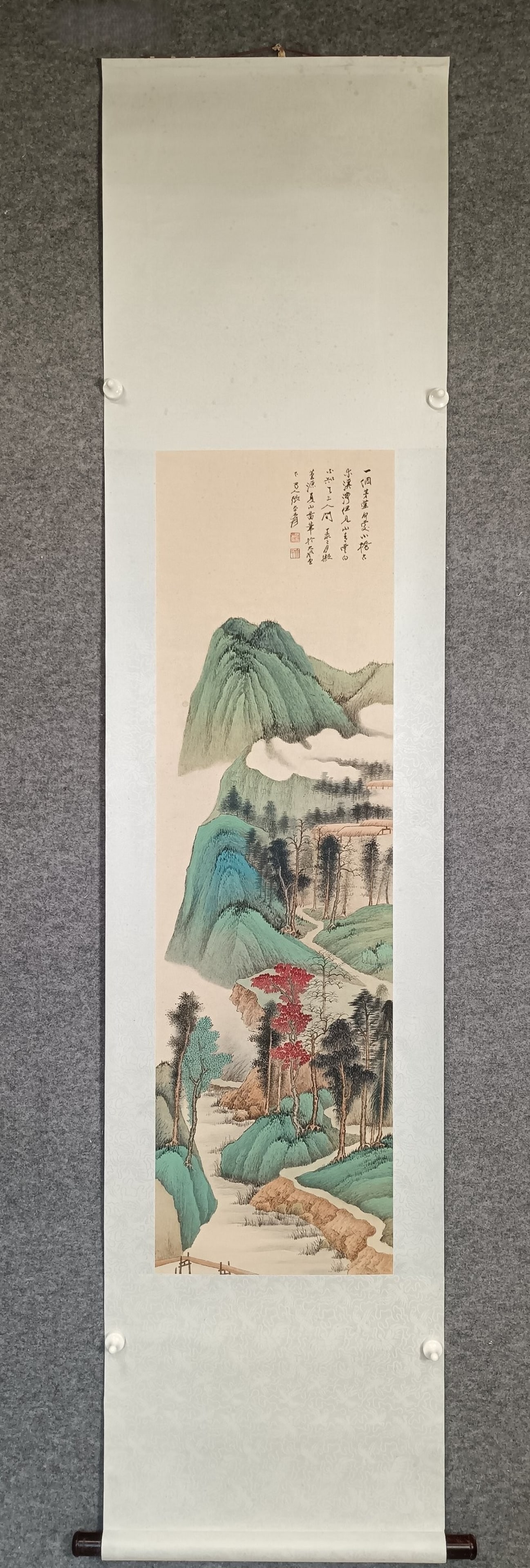 A Chinese Vertical Scroll Ink Painting of Landscape on Paper: A Chinese Vertical Scroll Ink Painting of Landscape on Paper,Zhang Daqian,Size:13.8inx48.4in 一幅中国水墨山水画立轴,张大&#