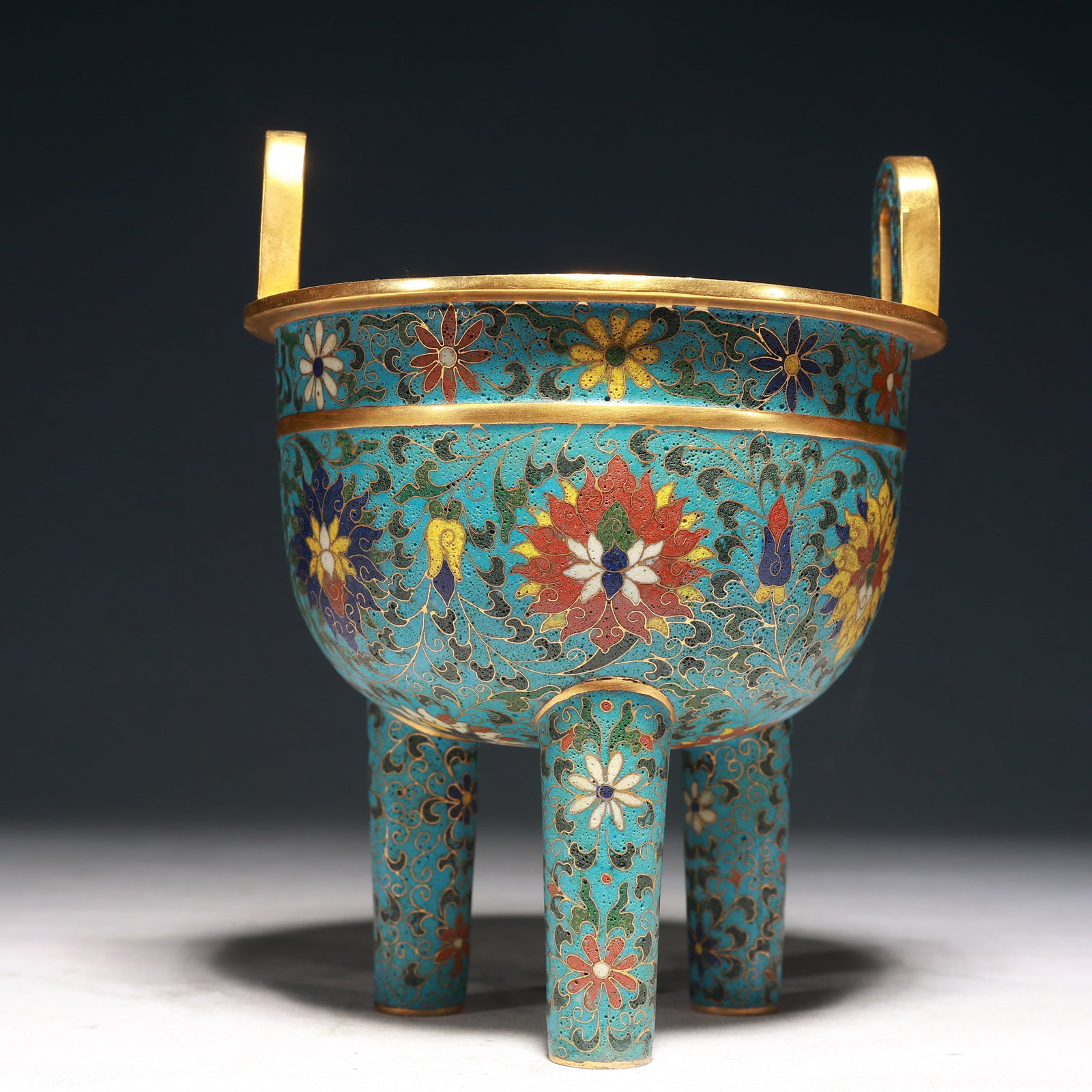 An Exquisite Cloisonne Lotus Pattern Double-Ears and Tripod Censer: An Exquisite Cloisonne Lotus Pattern Double-Ears and Tripod Censer,Ming Dynasty,China,Xuande Four-character Mark,Size:6.1inx8.1in,Weight:1300g