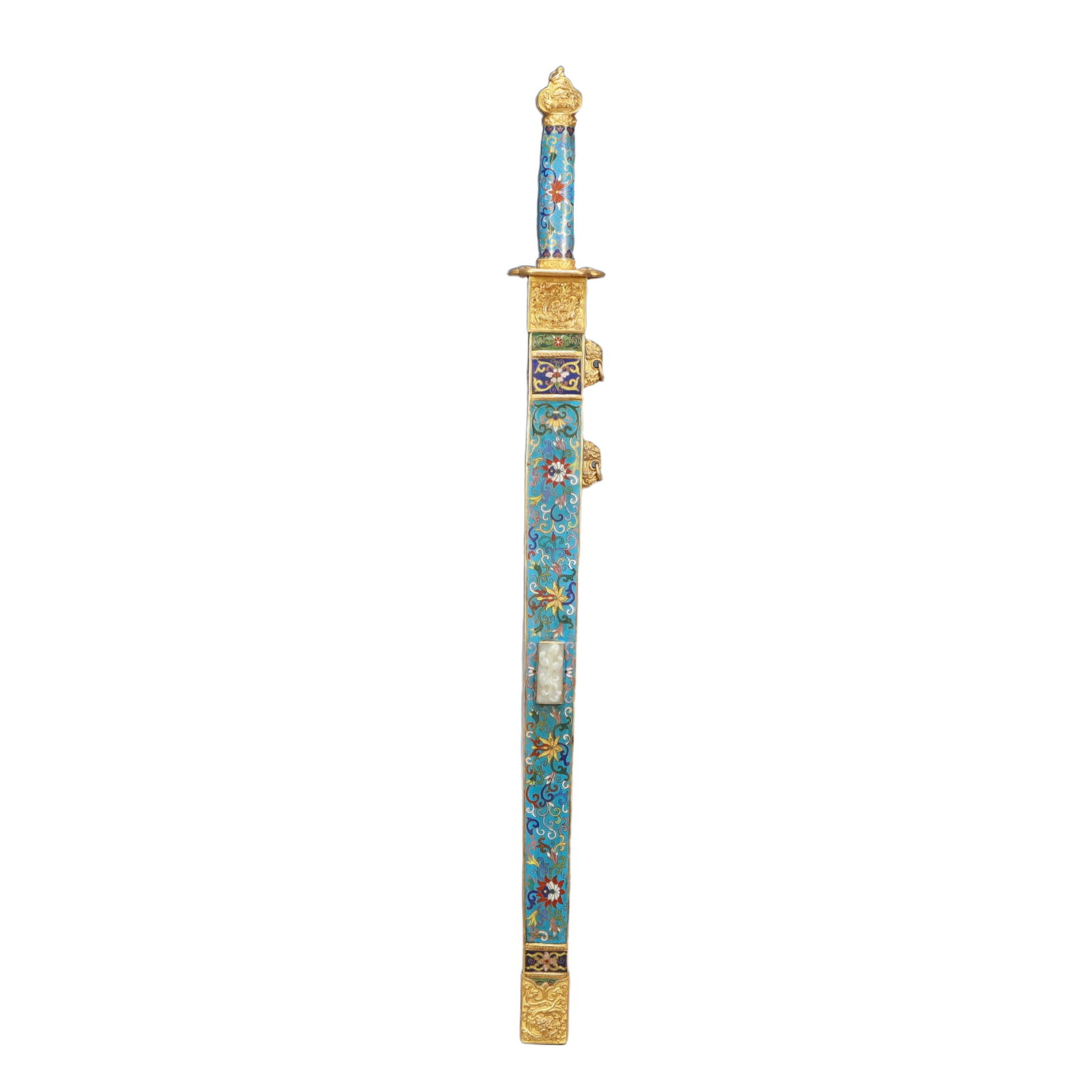 A Huge Cloisonne Inlaid White Jade Lotus Pattern Sword Ornament: A Huge Cloisonne Inlaid White Jade Lotus Pattern Sword Ornament,Qing Dynasty, China,Qing Dynasty, China,Qianlong Four-character Mark,Size:36.6inx3.9inx2.8in,Weight:2600g 景泰蓝॔