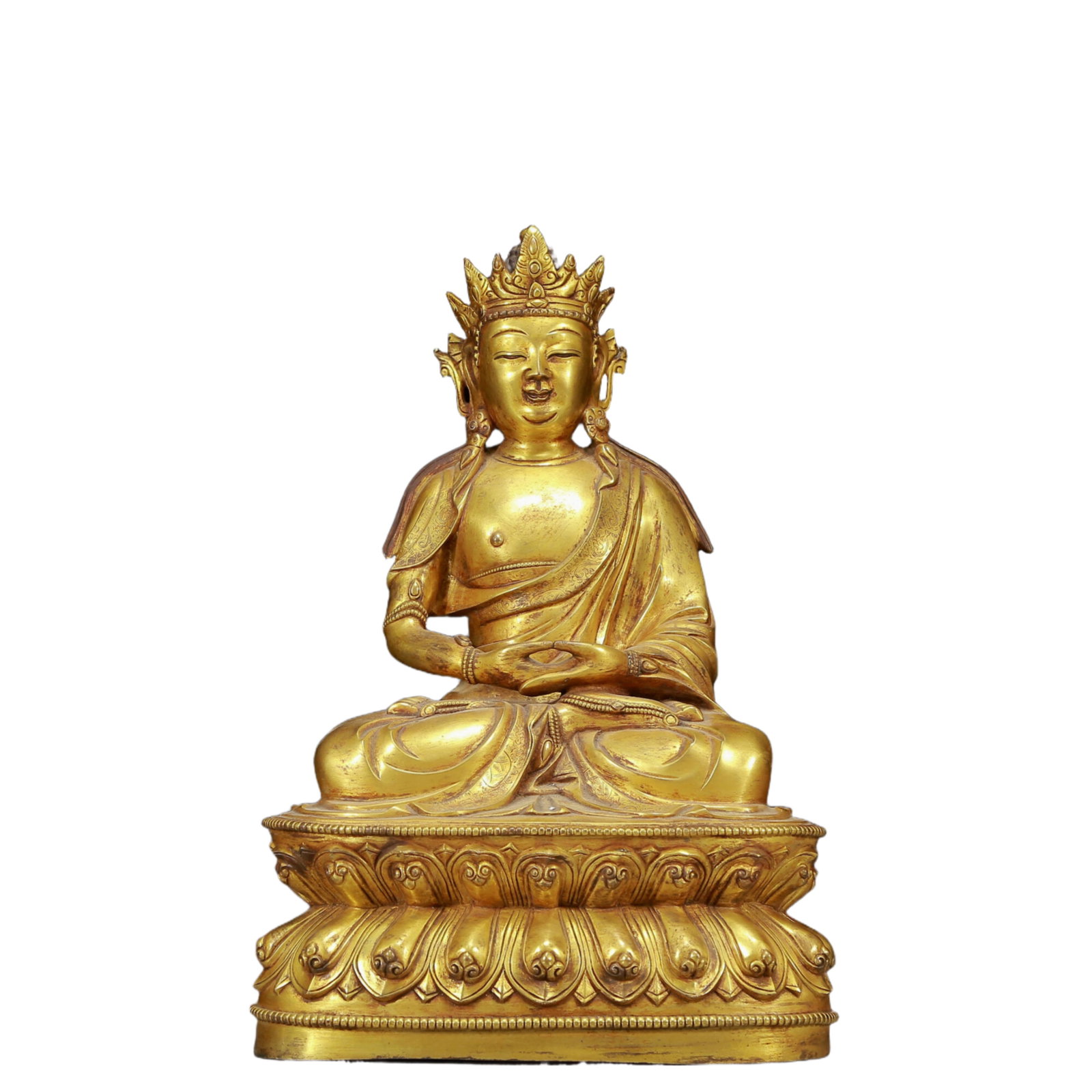 A Solemn Gilt Bronze Statue of Sakyamuni: A Solemn Gilt Bronze Statue of Sakyamuni,Ming Dynasty, China,Size:11.4inx8.3inx17.7in,Weight:13615g 铜鎏金释迦摩尼像，明代