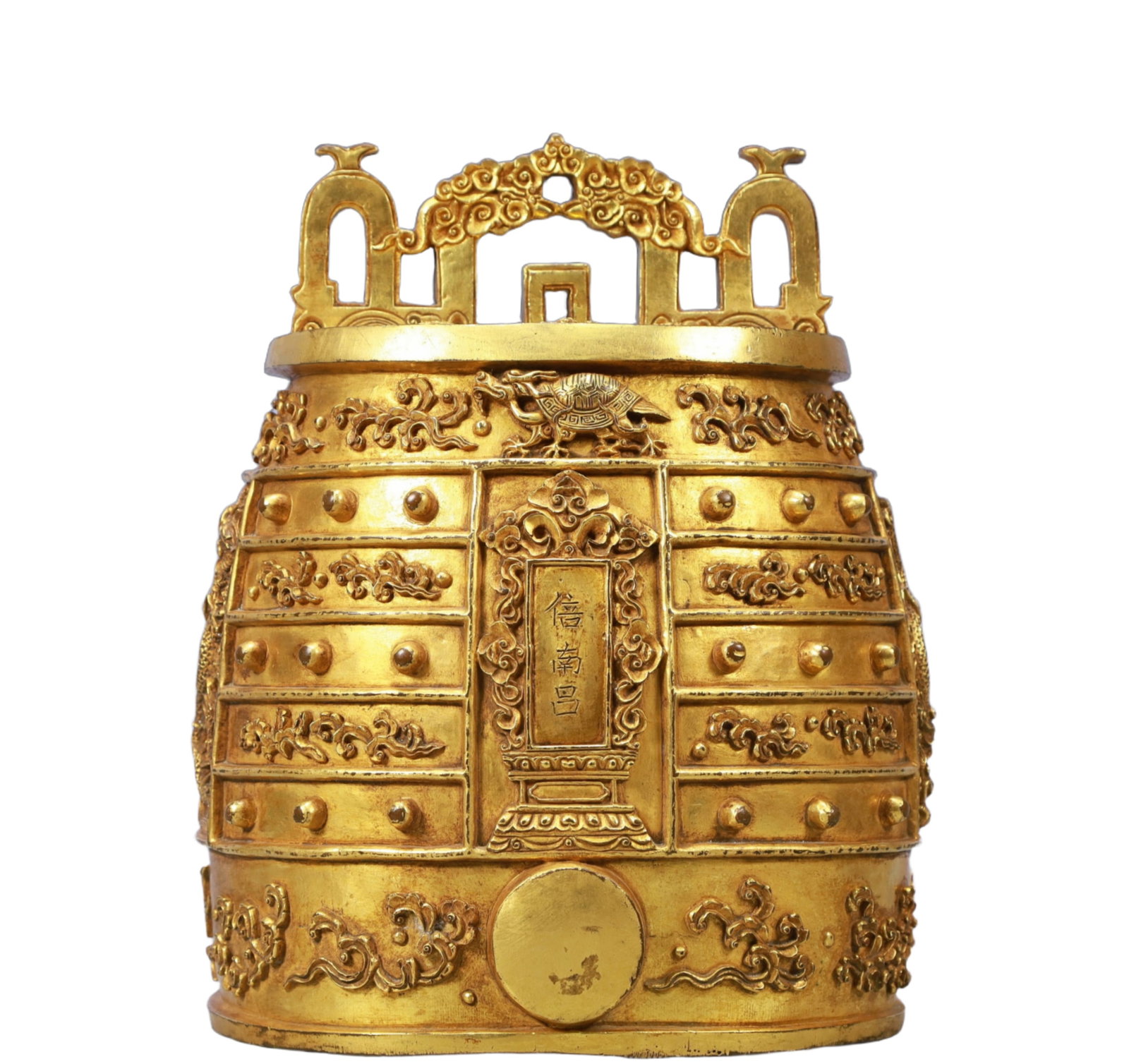 An ExquisiteGilt Bronze Auspicious Cloud and Dragon Pattern Chime: An ExquisiteGilt Bronze Auspicious Cloud and Dragon Pattern Chime,Ming Dynasty, China,Size:8.7inx7.1inx10.2in Weight:11300g 铜鎏金祥云龙纹编钟,