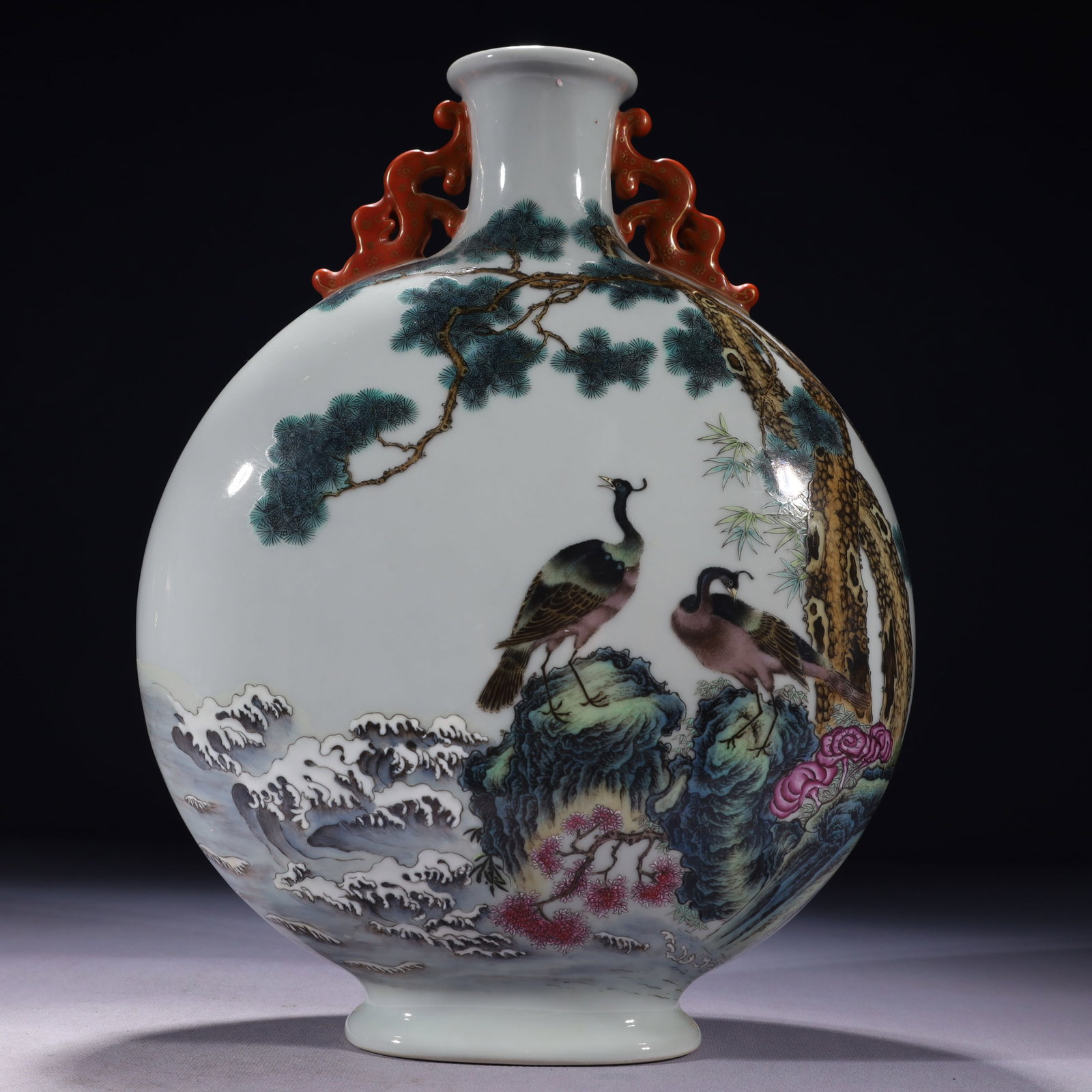 An Exquisite Enamel Flower and Bird Pattern Double-Ears Vase,with poem: An Exquisite Enamel Flower and Bird Pattern Double-Ears Vase,with poem,Qing Dynasty,China,Qianlong Six-character Mark,Size:9.8inx4.3inx13in,Weight:3850g 珐琅彩花鸟纹