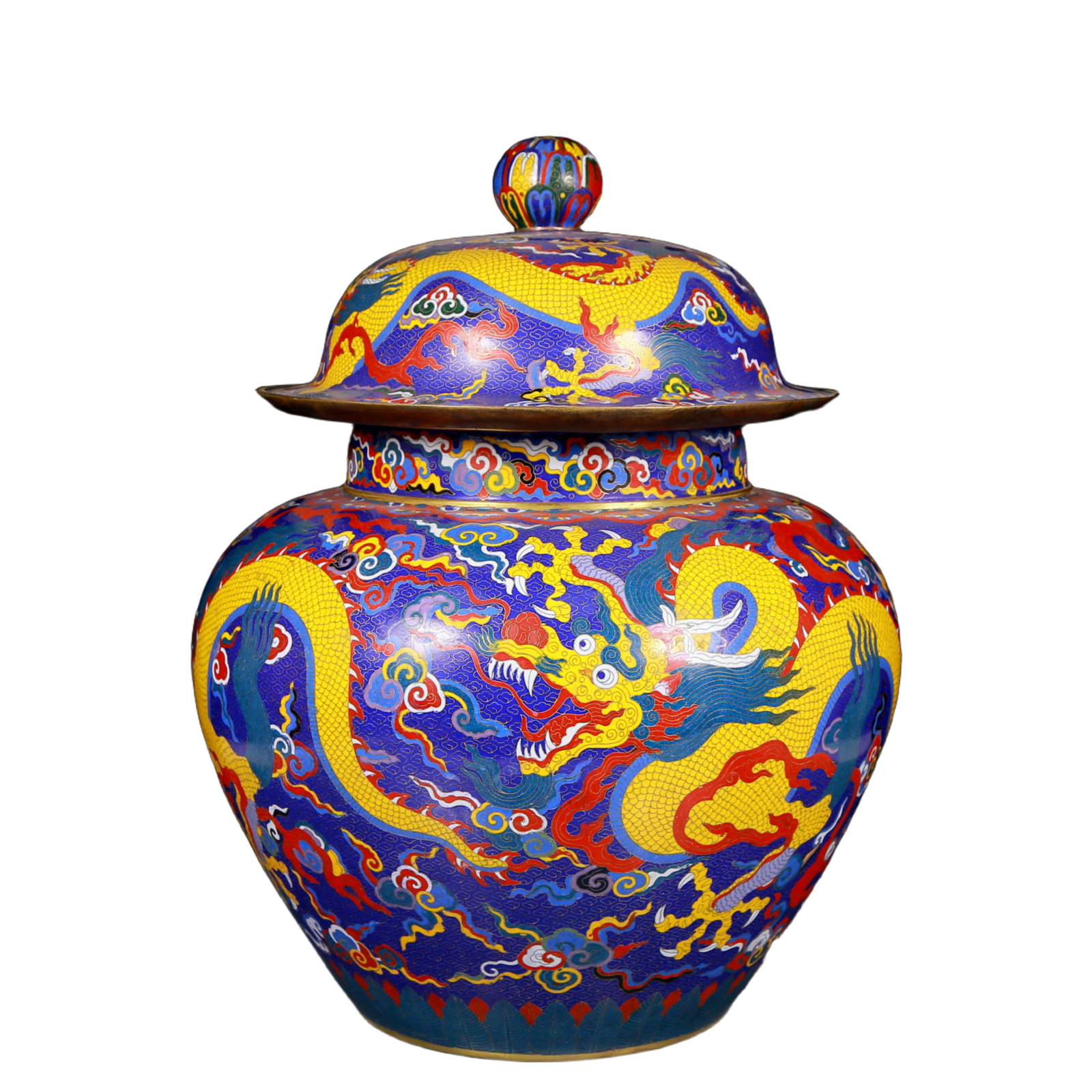 A Huge Cloisonne Auspicious Cloud and Dragon Pattern Jar: A Huge Cloisonne Auspicious Cloud and Dragon Pattern Jar,Qing Dynasty, China,Qianlong Four-character Mark,Size:15.7inx21.3in,Weight:28.60kg