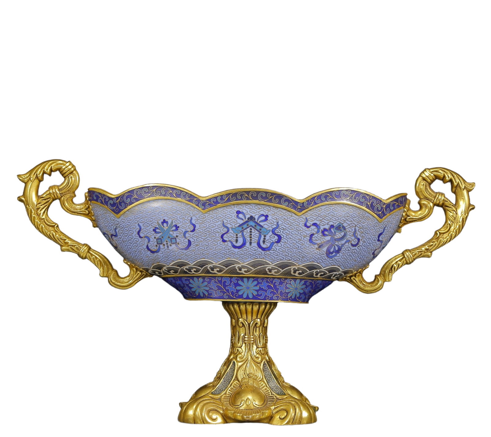 A Huge Cloisonne Eight Treasures Pattern Double-Ears Cup: A Huge Cloisonne Eight Treasures Pattern Double-Ears Cup,Qing Dynasty, China,Qianlong Four-character Mark,Size:19.7inx6.3inx11in,Weight:5975g 景泰蓝八宝纹双&#