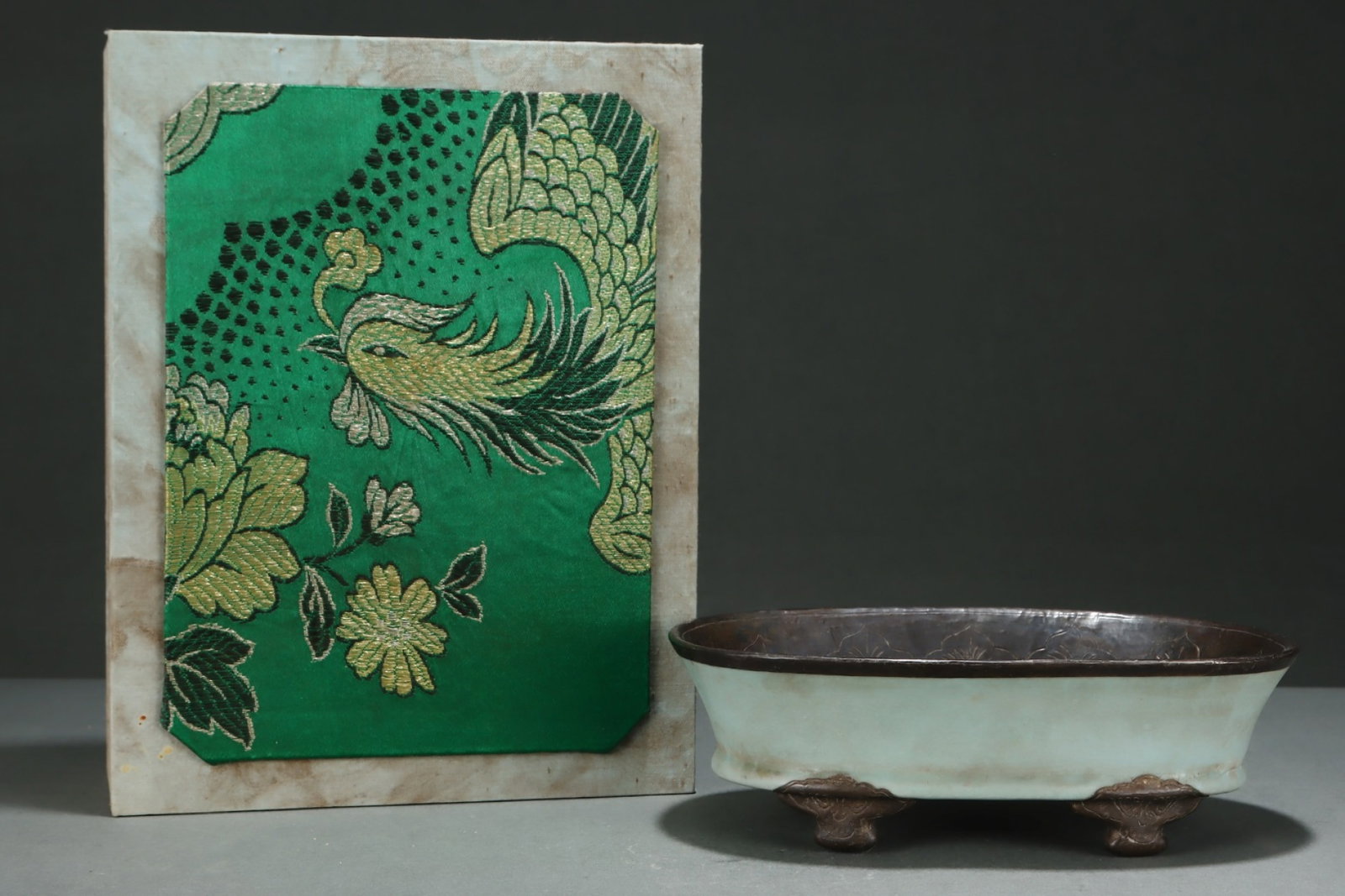 An Exquisite Ru yao Cover with Silver Flower and Bird Pattern Brush Washer: An Exquisite Ru yao Cover with Silver Flower and Bird Pattern Brush Washer,Song Dynasty,China,Size:2.9inx9.4in 汝窑包银花鸟纹笔洗,中国