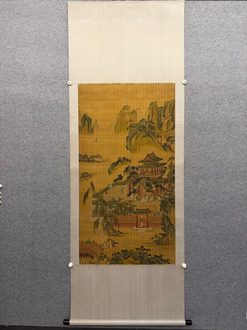 A Chinese Vertical Scroll Ink Painting of Landscape and Figure on Silk: A Chinese Vertical Scroll Ink Painting of Landscape and Figure on Silk,Chou Ying,Size:52.4inx28in 一幅中国水墨绢本山水人物ஹ