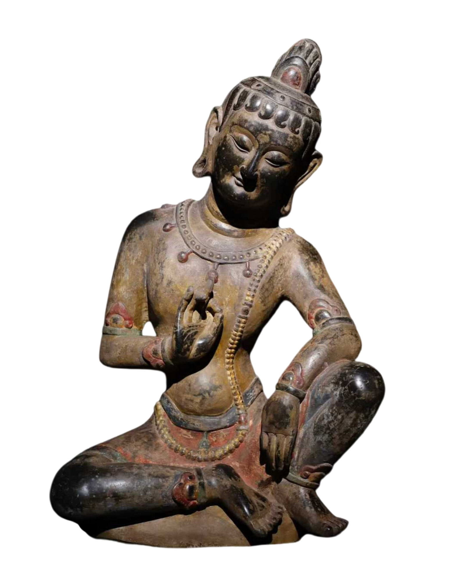 A Solemn Limestone Painted Color Statue of Avalokitesvara: A Solemn Limestone Painted Color Statue of Avalokitesvara,Liao Dynasty,China,Size:24.4inx15.7inx11.8in 青石彩绘观音像,中国辽代