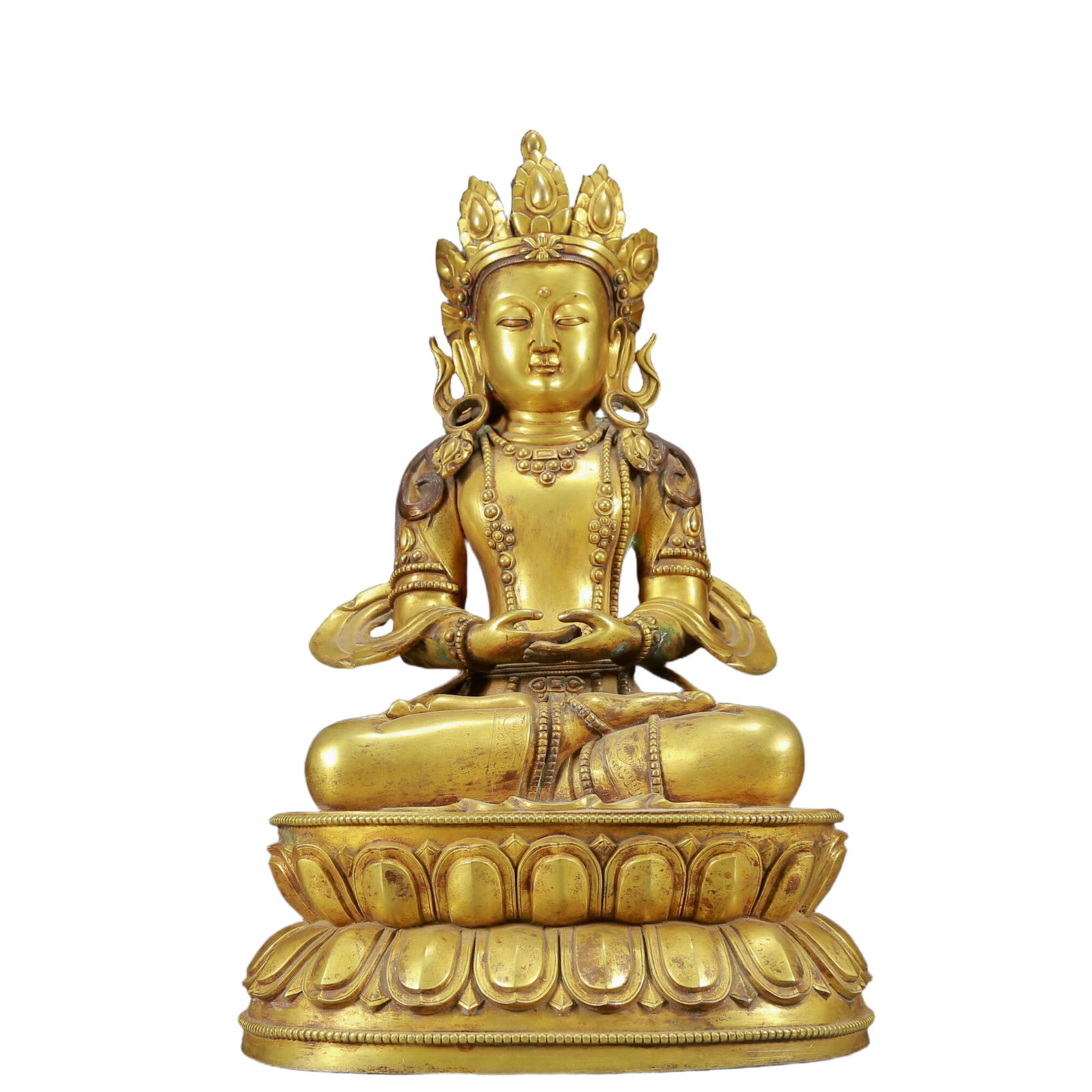 A Solemn Gilt Bronze Statue of Amitayus: A Solemn Gilt Bronze Statue of Amitayus,Ming Dynasty, China,Size:12.6inx10.2inx20.9in,Weight:22765g 铜鎏金无量寿佛像，明代