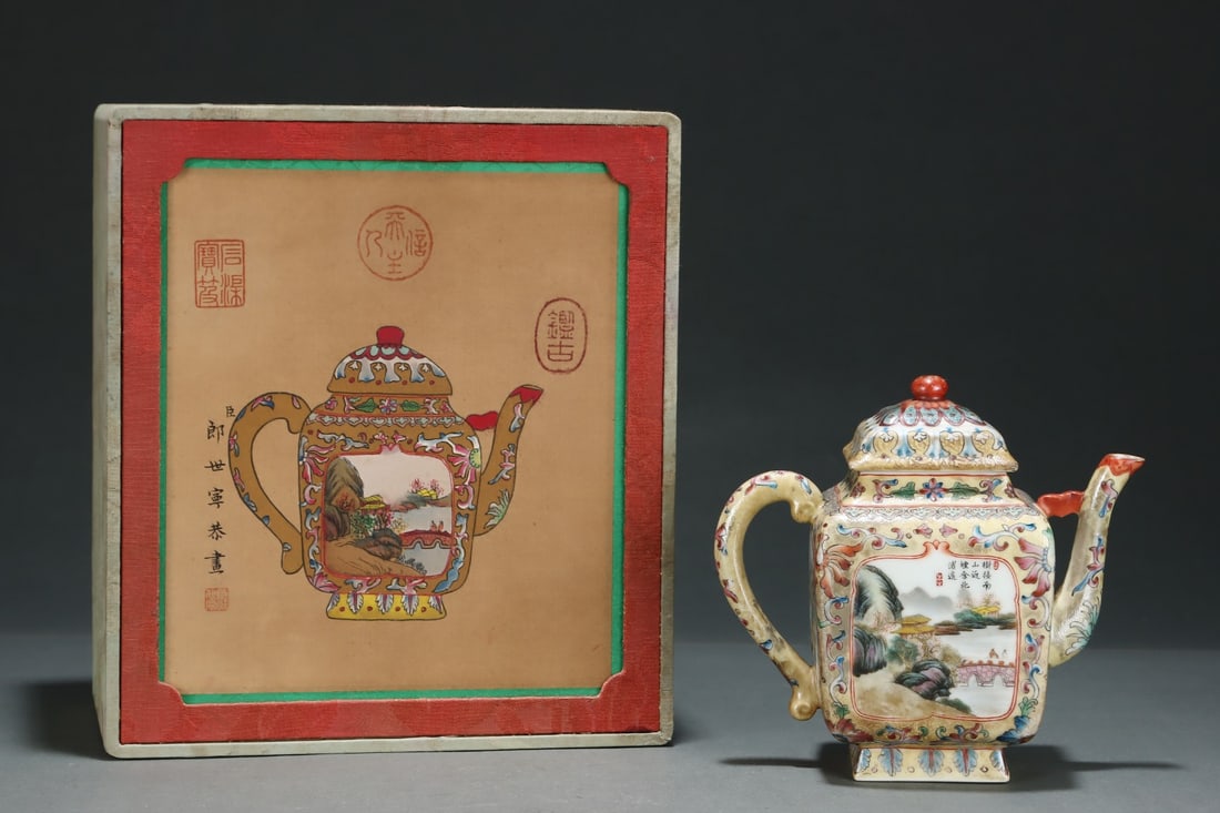 An Exquisite Enamel Landscape and Figure Pattern Ewer,with poem: An Exquisite Enamel Landscape and Figure Pattern Ewer,with poem,Qing Dynasty,China,Qianlong Four-character Mark,Size:6.5inx7.2in