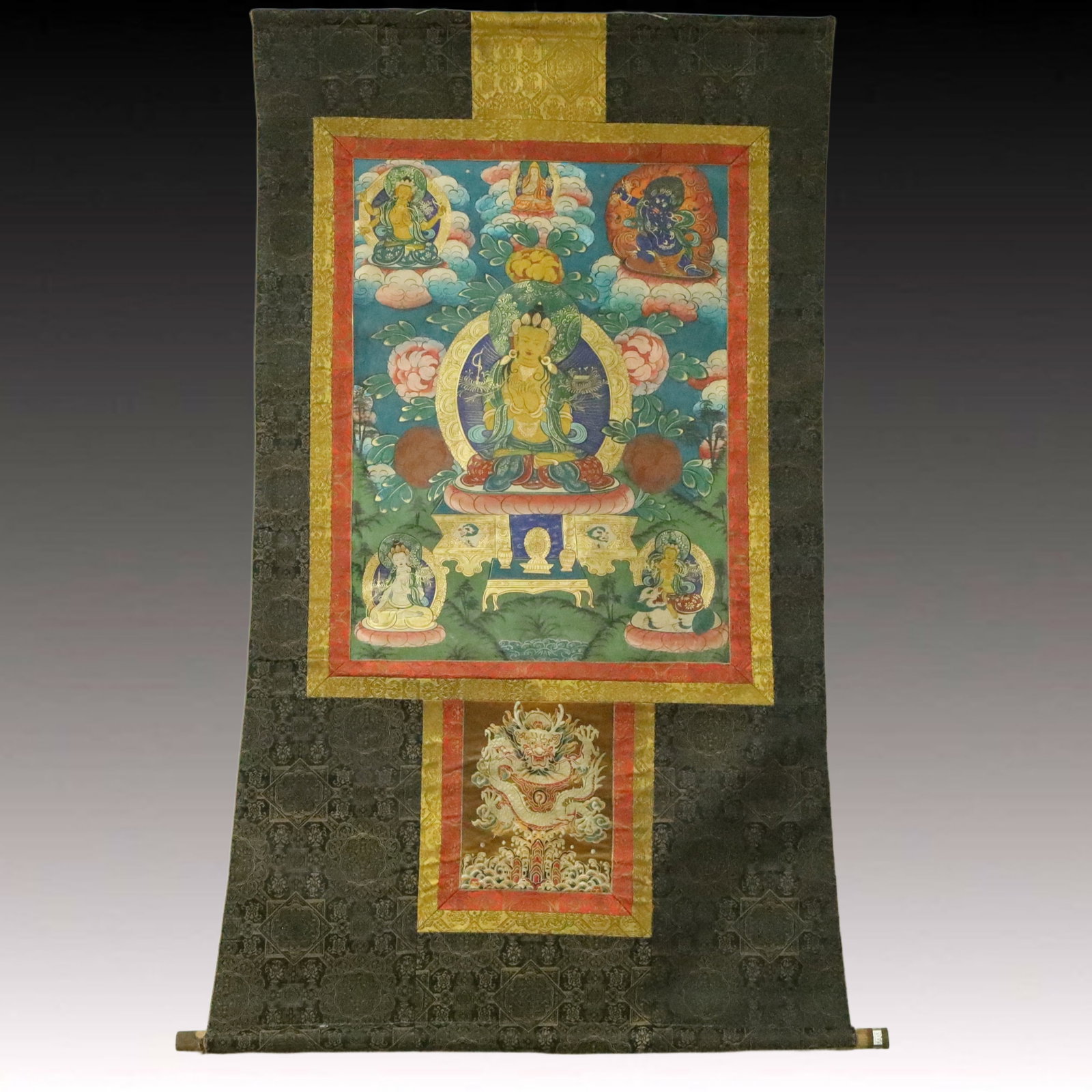 A Rare Brocade Painted Color Statue of Manjusri Tangka: A Rare Brocade Painted Color Statue of Manjusri Tangka,Qing Dynasty, China,Size:36.6inx59.8in 织锦彩绘文殊菩萨像唐卡,中国&
