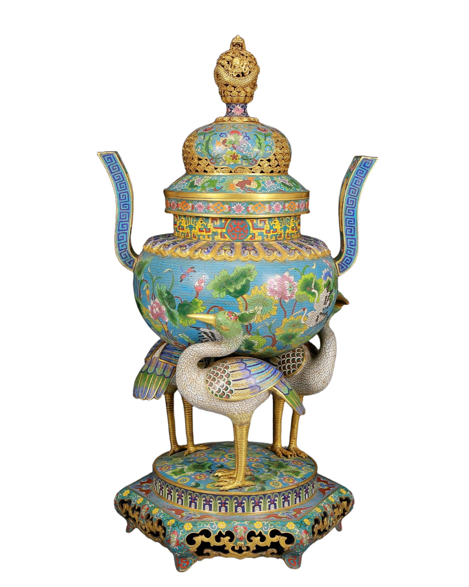 A Huge Cloisonne Flower and Bird Pattern Double-Ears Censer: A Huge Cloisonne Flower and Bird Pattern Double-Ears Censer,Qing Dynasty, China,Qianlong Six-character Mark,Size:16.3inx11inx30.3in,Weight:23.10kg 景泰蓝花鸟纹ƕ