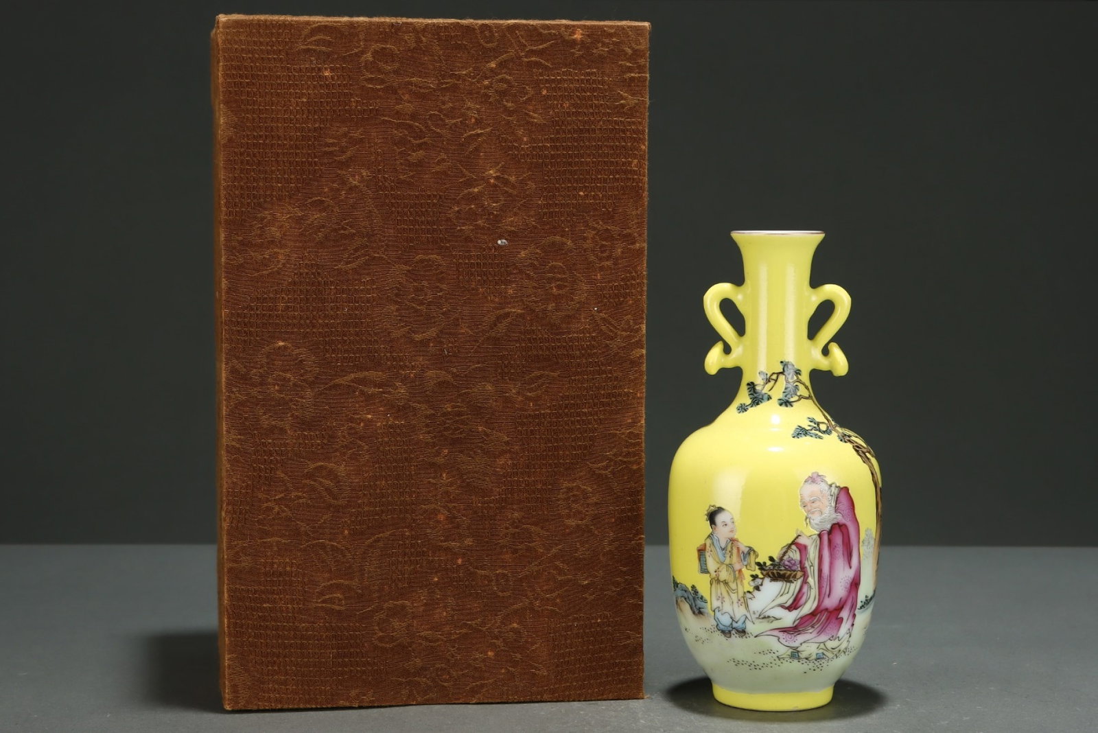 An Exquisite Yellow Ground Famille-Rose Painted Gold Character and Story Pattern Double-Ears: An Exquisite Yellow Ground Famille-Rose Painted Gold Character and Story Pattern Double-Ears Vase,with poem,Qing Dynasty,China,Yongzheng Four-character Mark,Size:7.2inx3.2in