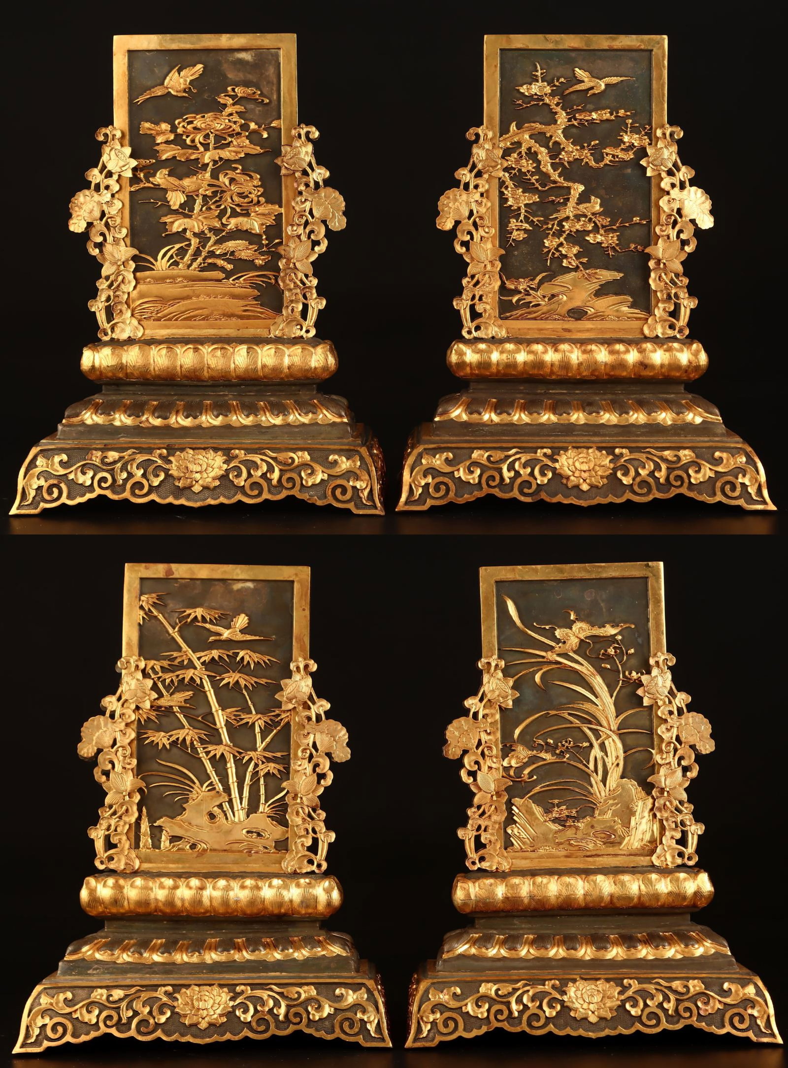 A Set of Fine Gilt Inlaid Archaic Jade Plum Blossom,Orchid Bamboo and Chrysanthemum Pattern: A Set of Fine Gilt Inlaid Archaic Jade Plum Blossom,Orchid Bamboo and Chrysanthemum Pattern Screens,with poem,Qing Dynasty,China,Qianlong Four-character Mark,Size:11.4inx8.3inx4.3in,Weight:8000g