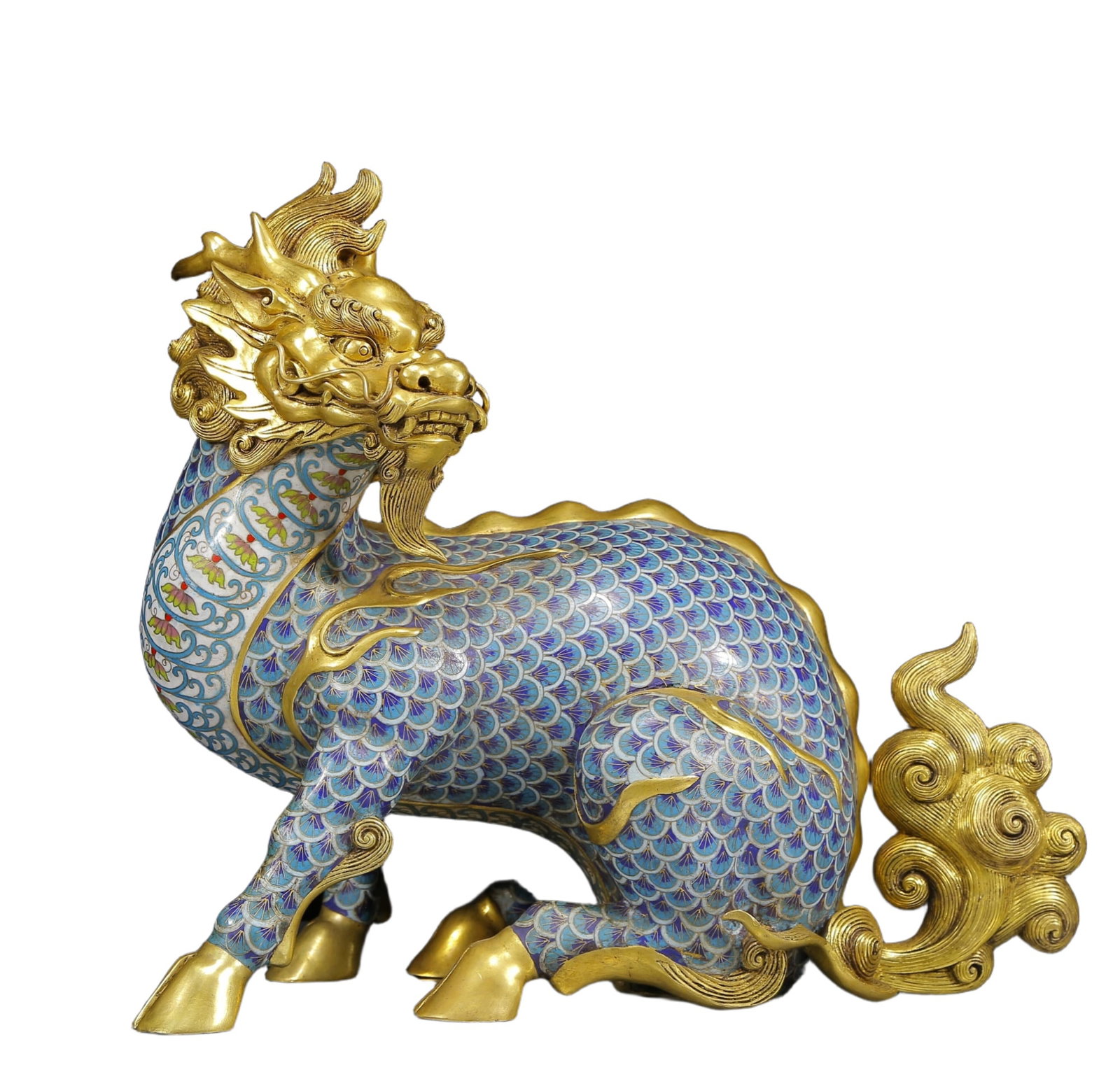 A Rare Cloisonne Kylin Ornament: A Rare Cloisonne Kylin Ornament,Qing Dynasty, China,Qianlong Four-character Mark,Size:14.6inx7.9inx13.8in,Weight:8625g 景泰蓝麒麟摆件，清代&