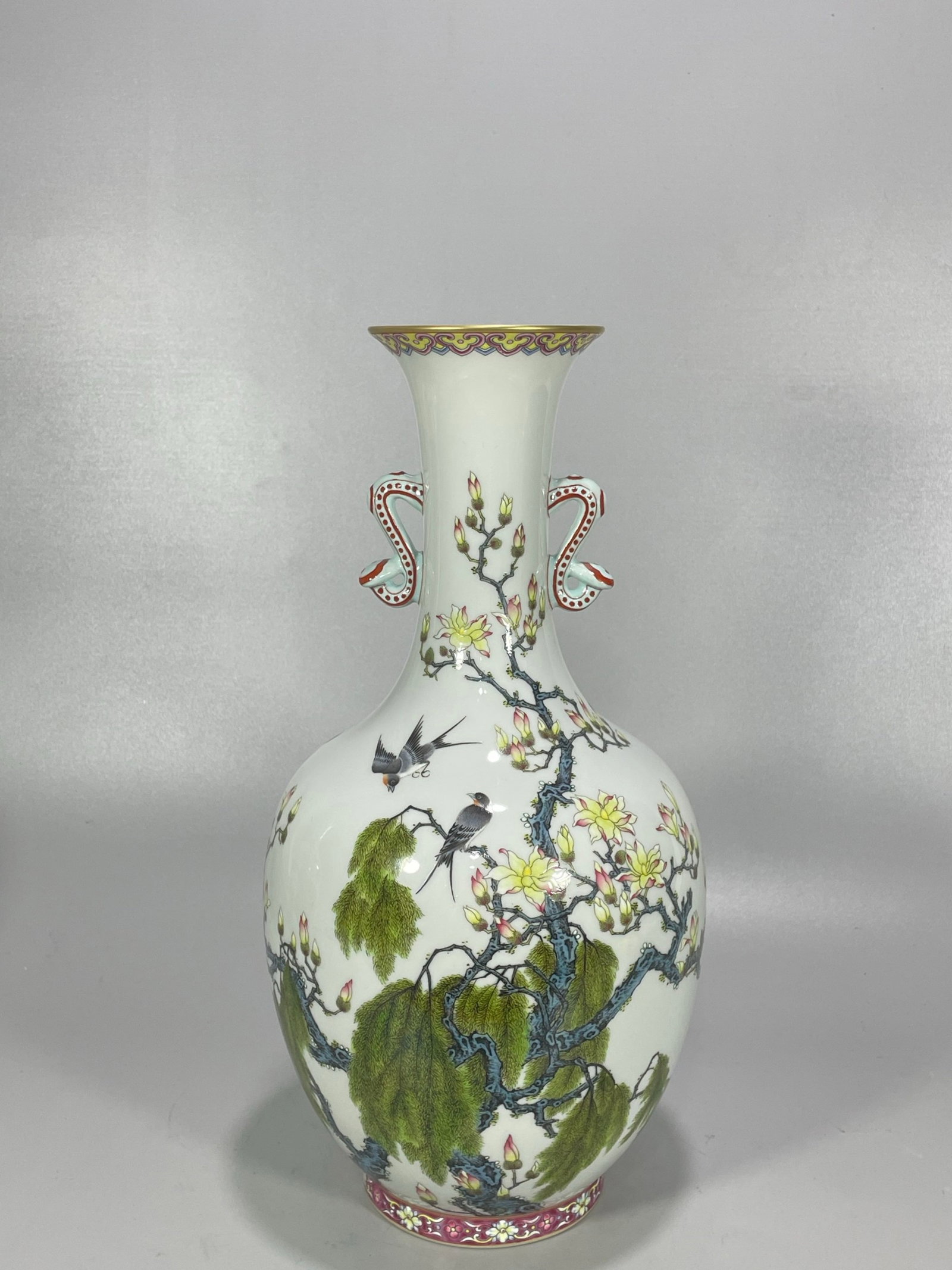 A Rare Famille-Rose Flower and Bird Pattern Double-Ears Vase,with poem: A Rare Famille-Rose Flower and Bird Pattern Double-Ears Vase,with poem,Qing Dynasty,China,Yongzheng Six-character Mark,Size:13.5inx6.9in 粉彩花鸟纹双耳瓶