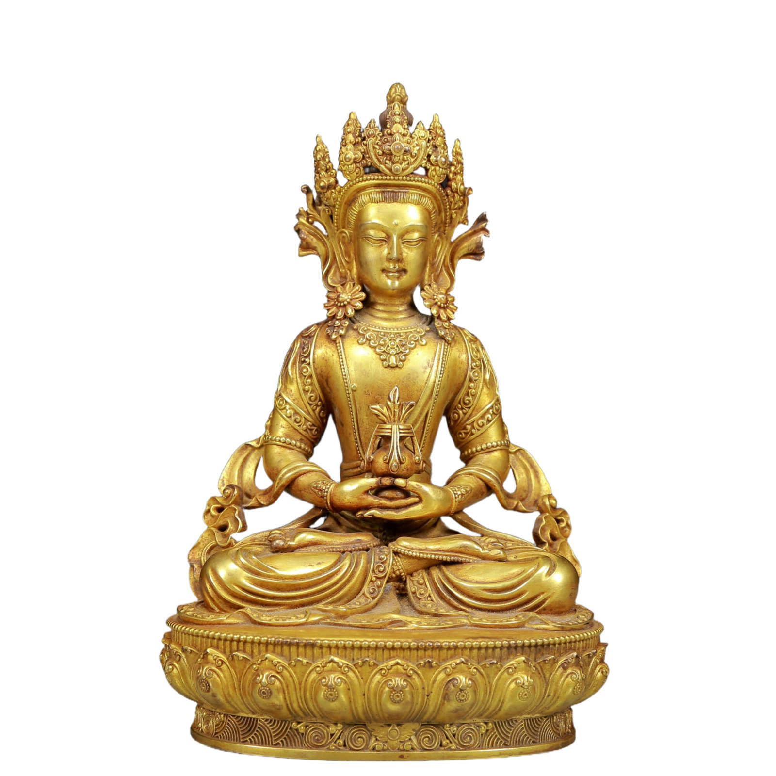 A Solemn Gilt Bronze Statue of Amitayus: A Solemn Gilt Bronze Statue of Amitayus,Ming Dynasty, China,Size:5.5inx4.3inx8.7in,Weight:2600g 铜鎏金无量寿佛像，明代