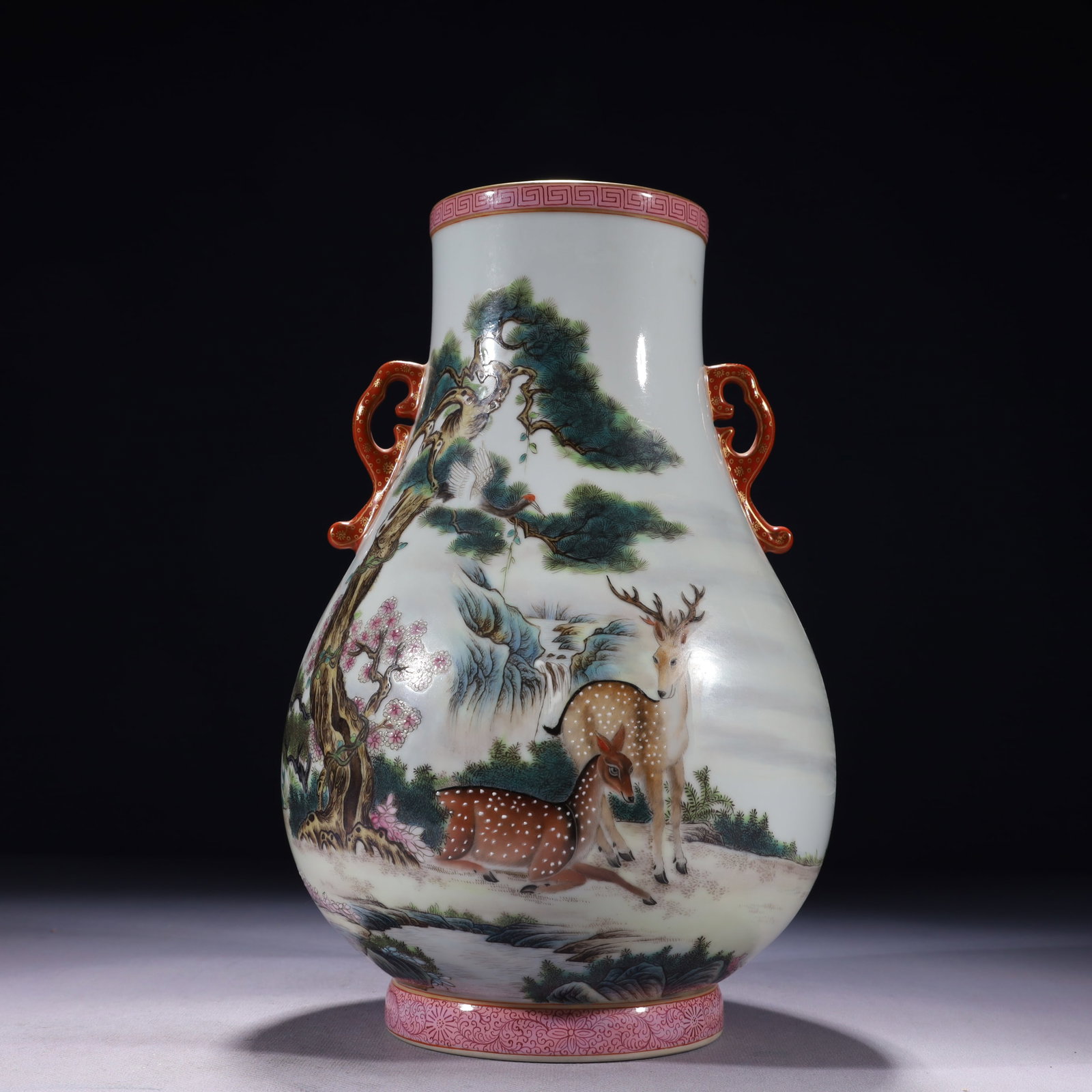 An Exquisite Enamel Painted Gold Pine and Deer Pattern Double-Ears Vase,with poem: An Exquisite Enamel Painted Gold Pine and Deer Pattern Double-Ears Vase,with poem,Qing Dynasty,China,Yongzheng Six-character Mark,Size:6.7inx11.8in,Weight:1900g 珐琅彩描金