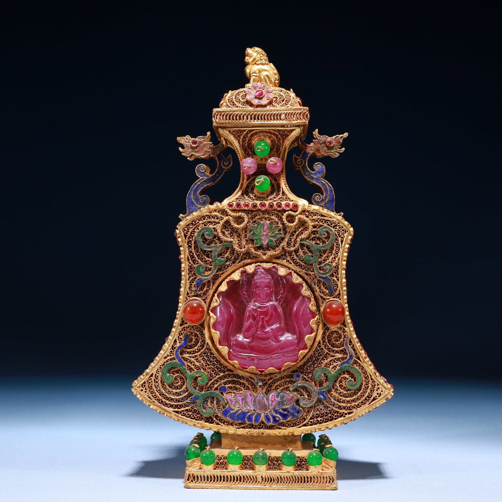 An Exquisite Filigree and Gilding Figure Pattern Double-Ears Bottle,Inlaid Gems: An Exquisite Filigree and Gilding Figure Pattern Double-Ears Bottle,Inlaid Gems,Qing Dynasty,China,Qianlong Four-character Mark,Size:3.9inx9.8in,Weight:600g 掐丝鎏金人