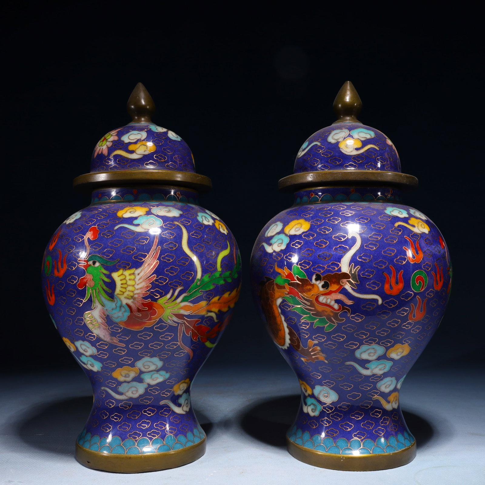 A Pair of Exquisite Cloisonne Dragon and Phoenix Pattern Jars with Cover (1 of 7)