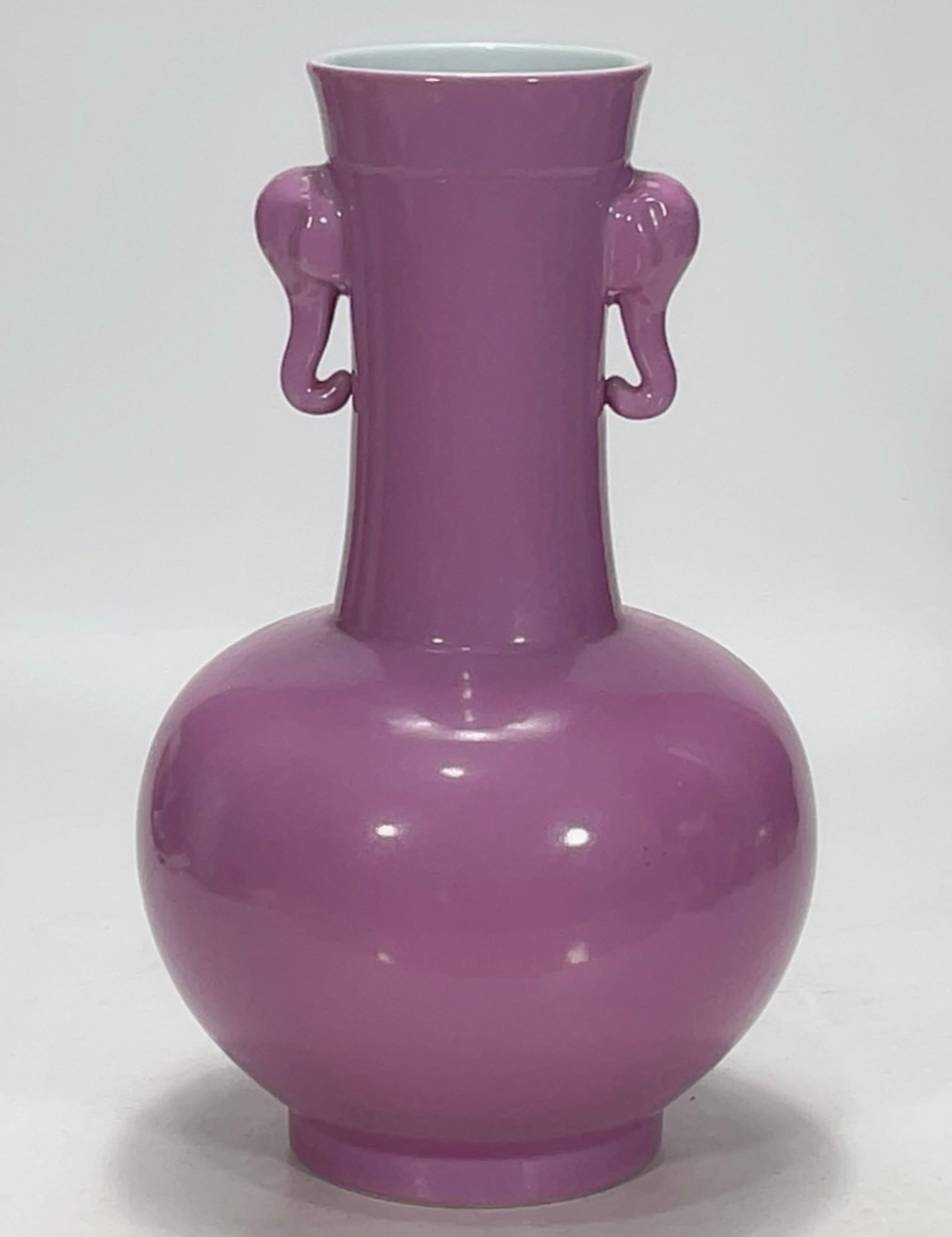A Rare Pink Glazed Elephant-Ears Vase: A Rare Pink Glazed Elephant-Ears Vase,Qing Dynasty,China,Qianlong Six-character Mark,Size:12.2inx3.6in 粉釉象耳瓶,中国清代,乾隆六