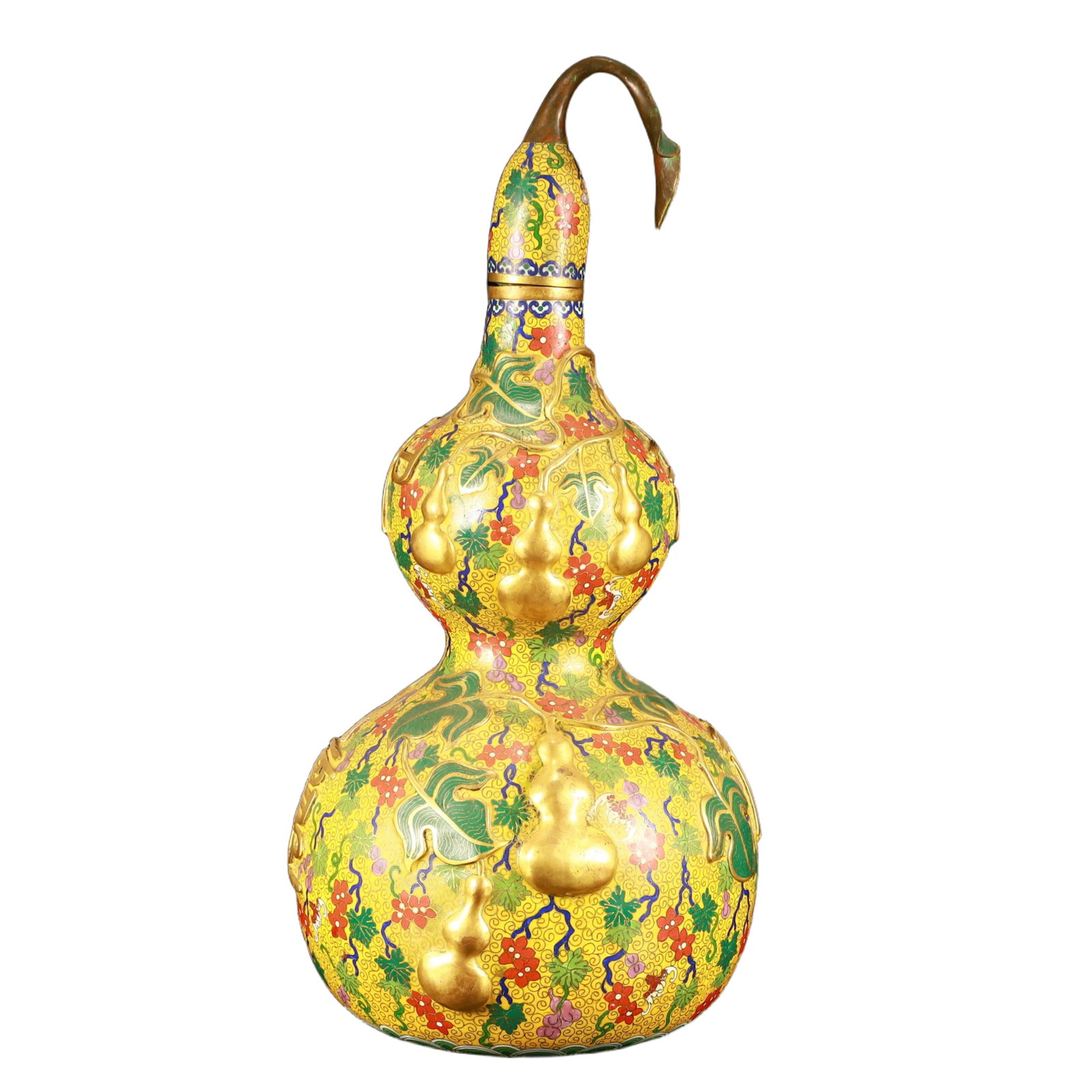 A Huge Cloisonne Flower Pattern Gourd-Shaped Vase: A Huge Cloisonne Flower Pattern Gourd-Shaped Vase,(A type of enamelware with metal wires separating colored glaze, originating in China),Qing Dynasty,China,Qianlong Six-character Mark,Size:9.1inx9.1in