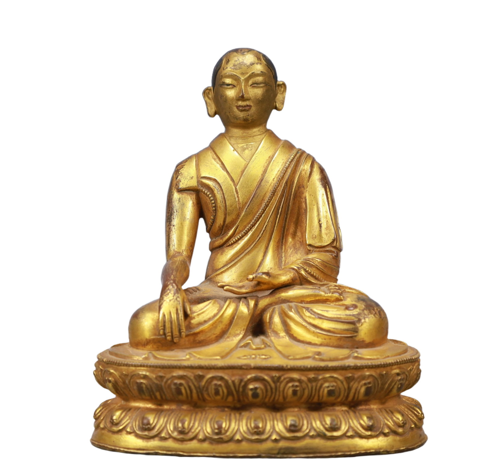 A Solemn Gilt Bronze Statue of Guru: A Solemn Gilt Bronze Statue of Guru,Ming Dynasty, China,Size:4.7inx3.1inx5.7in Weight:950g 铜鎏金上师像,中国明代