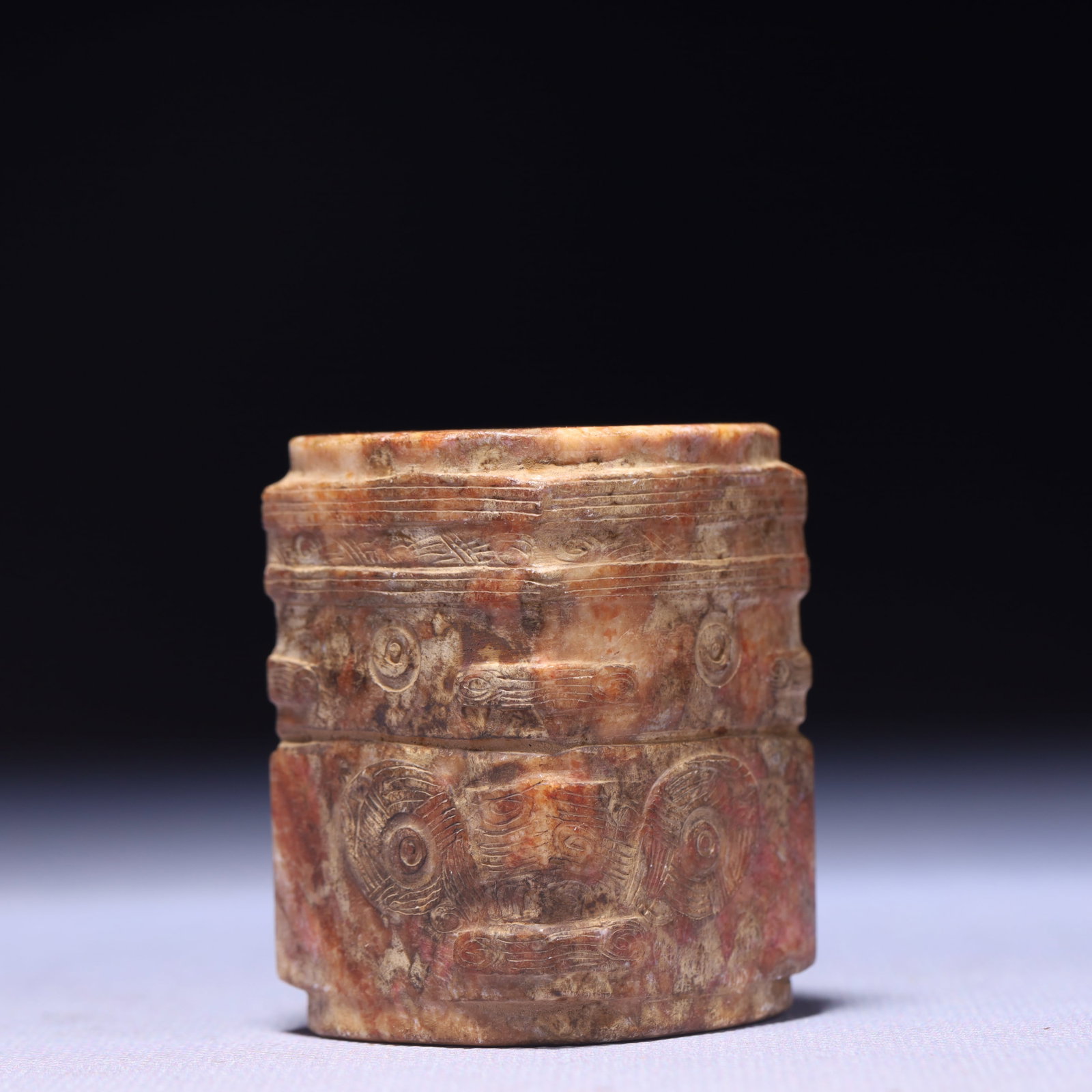 An Archaic Hongshan Culture Yellow Jade Beast-Face Pattern Jade Cong: An Archaic Hongshan Culture Yellow Jade Beast-Face Pattern Jade Cong,Ancient Time,China,Size:1.6inx2.2in,Weight:155g 红山文化黄玉兽面纹玉