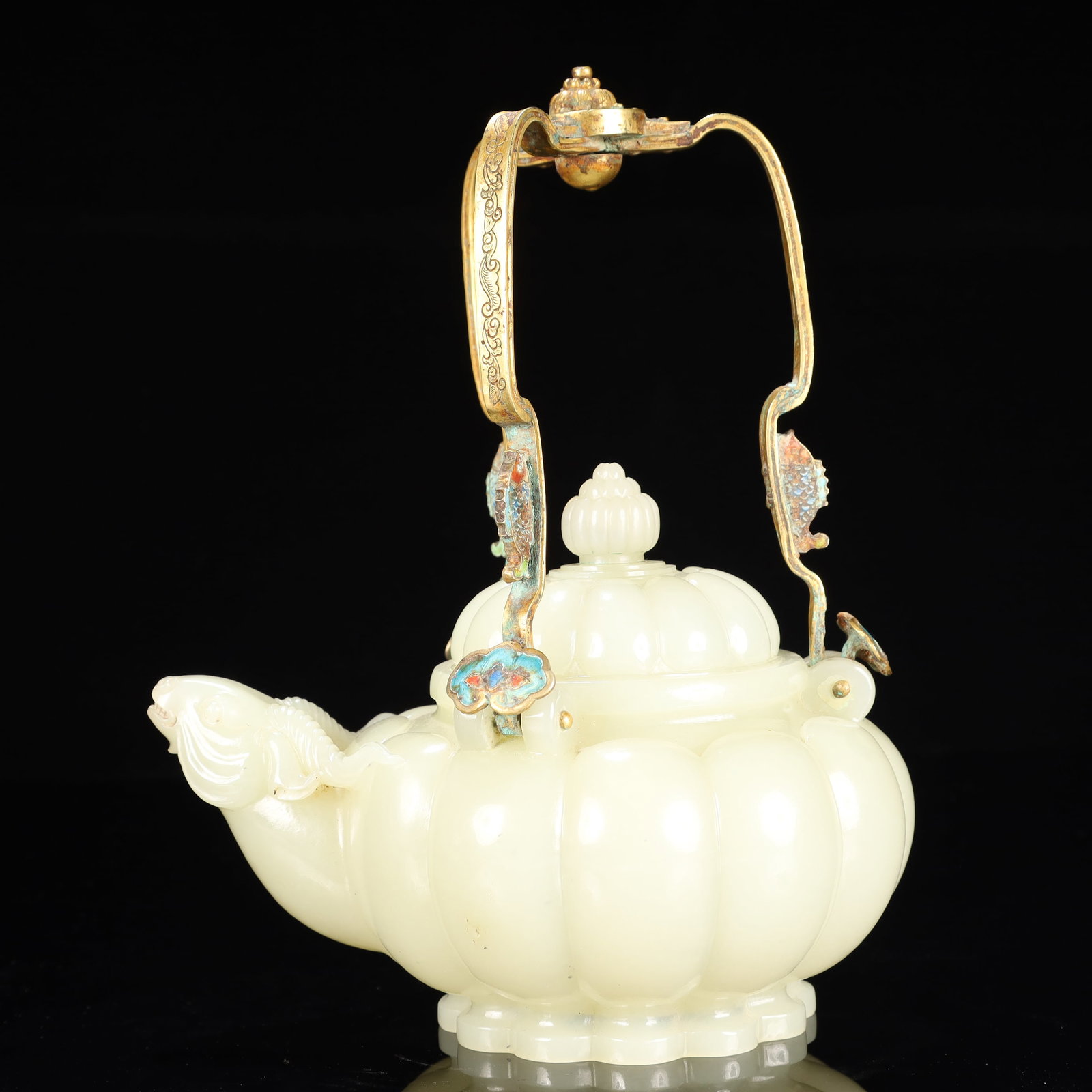 An Exquisite White Jade Inlaid Cloisonne Goat-head Ewer (1 of 11)