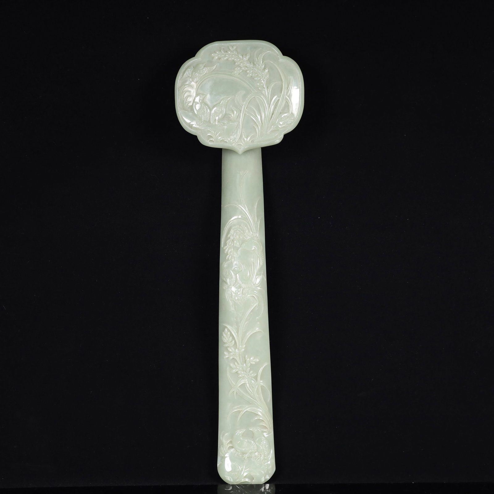 A Huge Greenish Jade Flower Pattern Ruyi: A Huge Greenish Jade Flower Pattern Ruyi,Qing Dynasty, China,Size:17.7inx5.1inx2.8in,Weight:1750g 青白玉花卉纹如意,中国清代