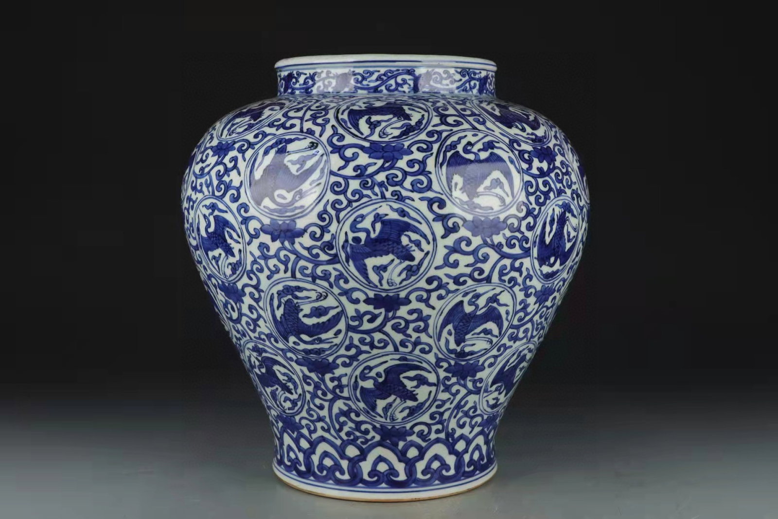 A Rare Blue and White Lotus and Crane Pattern Jar: A Rare Blue and White Lotus and Crane Pattern Jar,Ming Dynasty,China,Jiajing Six-character Mark,Size:13inx12.2in 青花缠枝莲鹤纹罐,中国਴