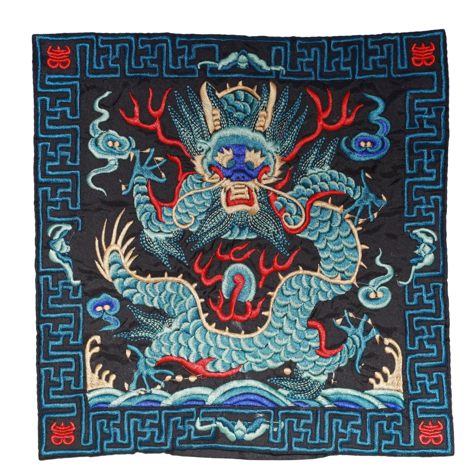 An Exquisite Embroidery Dragon Pattern Civil Official Rank Badges: An Exquisite Embroidery Dragon Pattern Civil Official Rank Badges,Qing Dynasty,China,Size:10.2inx10.2in 刺绣龙官补,中国清代