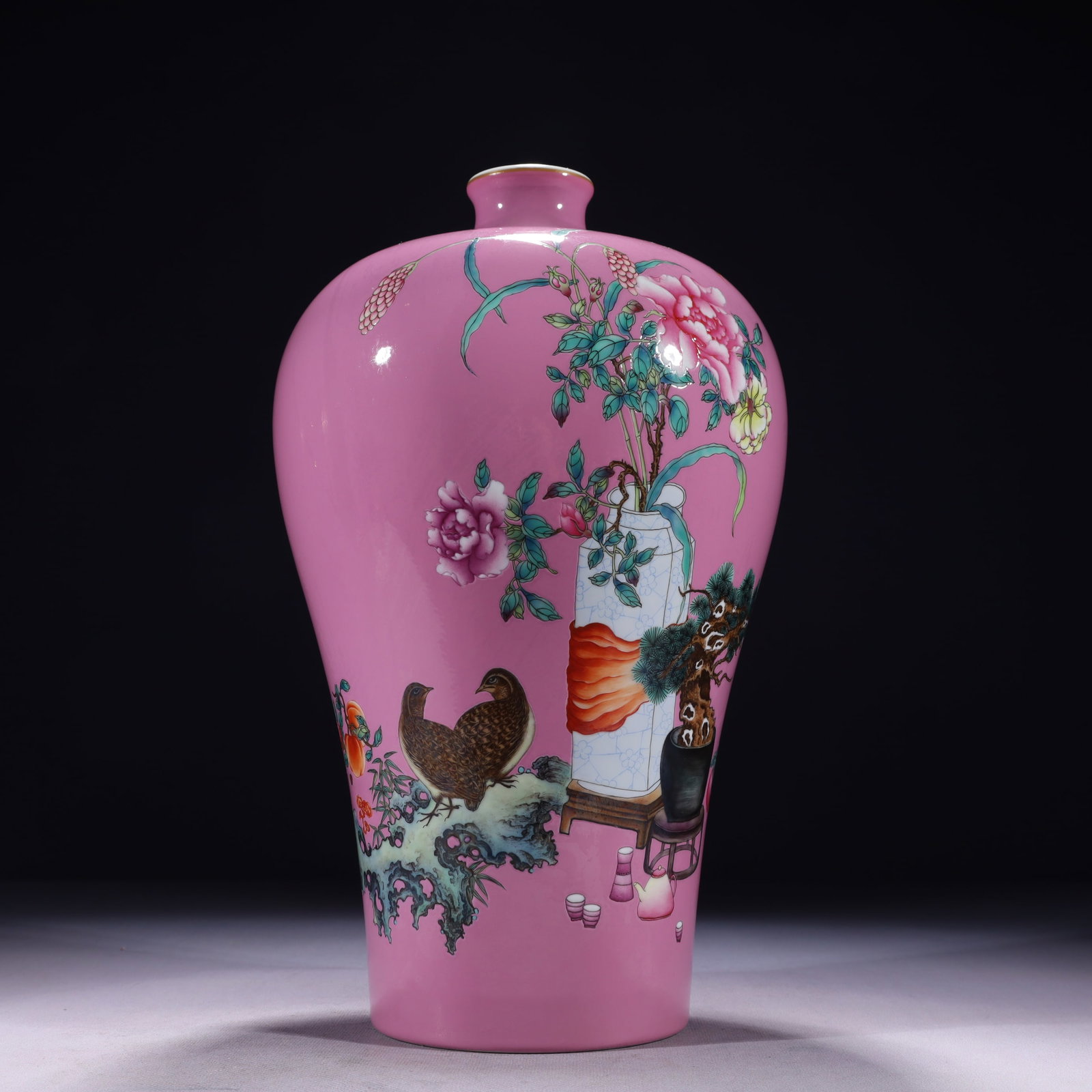 An Exquisite Pink Ground Famille-Rose Flower and Bird Pattern Vase,with poem: An Exquisite Pink Ground Famille-Rose Flower and Bird Pattern Vase,with poem,Qing Dynasty,China,Yongzheng Six-character Mark,Size:7.5inx13.4in,Weight:2600g 粉地粉彩花(
