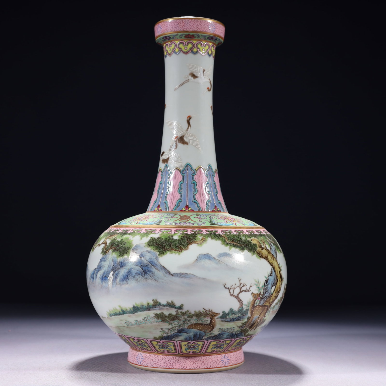 An Exquisite Enamel Painted Gold Pine and Deer Pattern Vase,with poem: An Exquisite Enamel Painted Gold Pine and Deer Pattern Vase,with poem,Qing Dynasty,China,Qianlong Six-character Mark,Size:6.7inx13.4in,Weight:2250g 珐琅彩描金松(